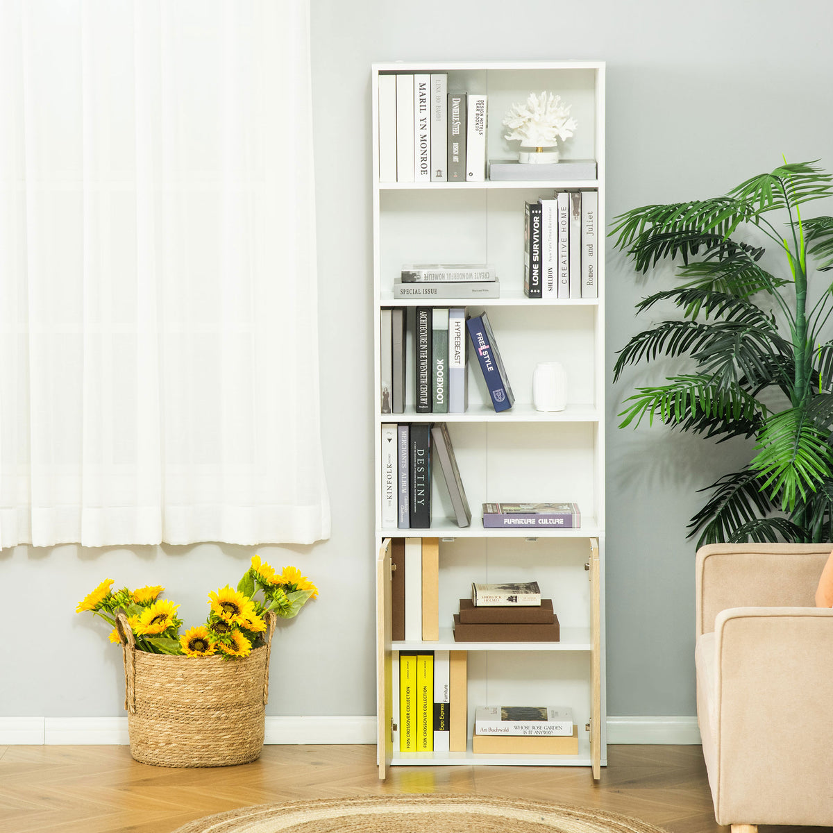 4-Tier Bookshelf with Cabinet - Oak 71" Modern Bookcase-Home Furnishings > Storage & Organization > Bookshelves & Bookcases > White Bookshelves-DECOROLALA