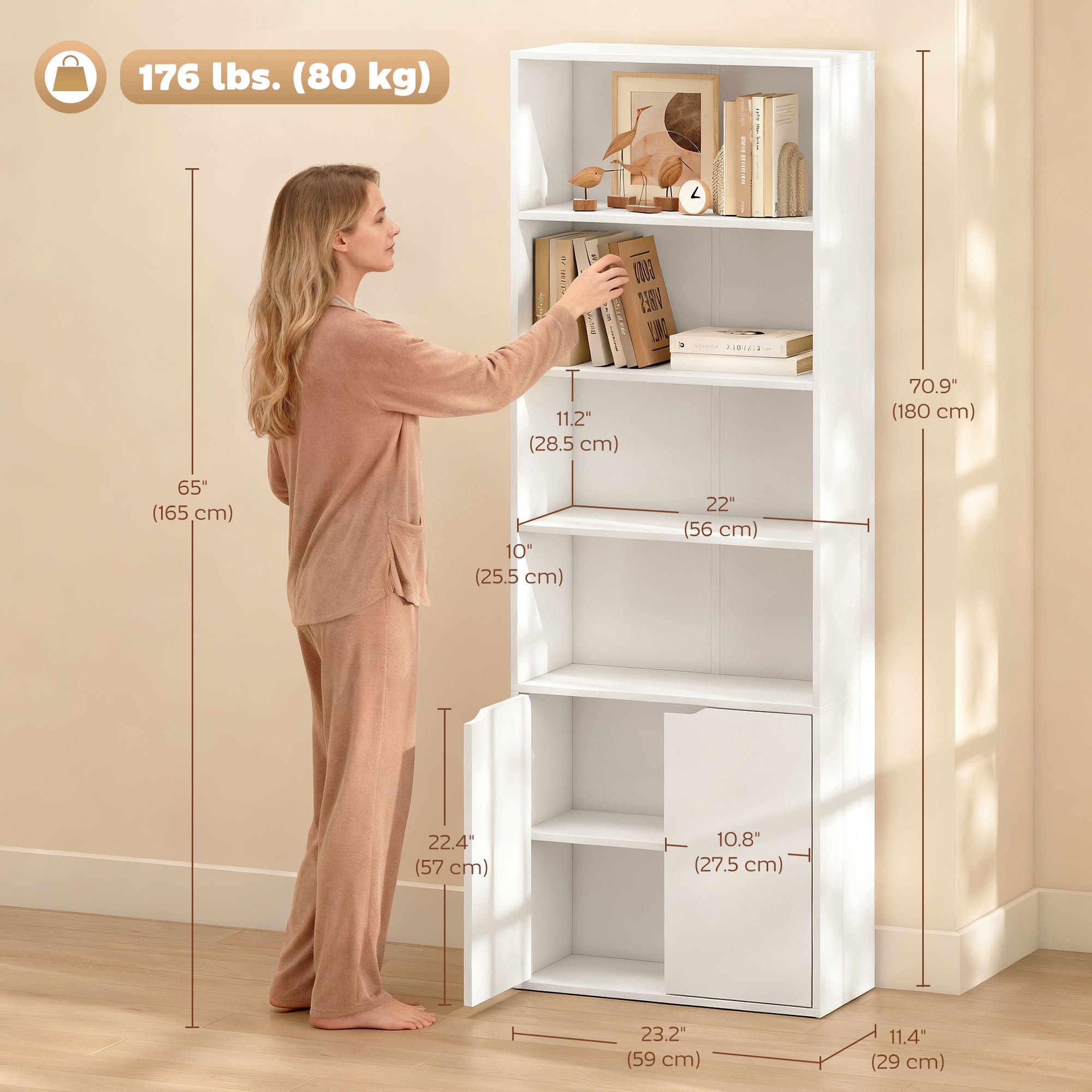 4-Tier Bookshelf with Cabinet - White 71" Modern Bookcase-Home Furnishings > Storage & Organization > Bookshelves & Bookcases > White Bookshelves-DECOROLALA