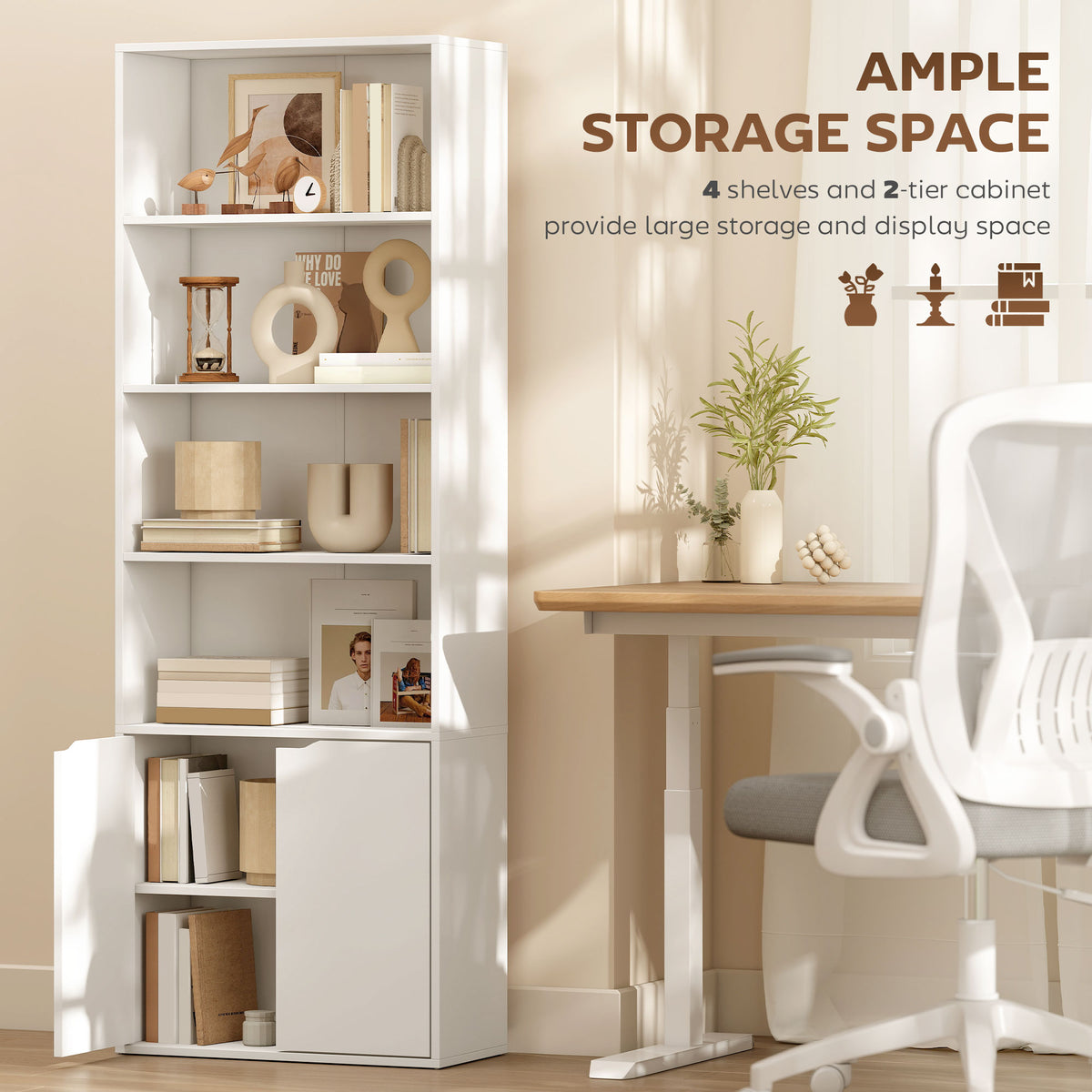 4-Tier Bookshelf with Cabinet - White 71" Modern Bookcase-Home Furnishings > Storage & Organization > Bookshelves & Bookcases > White Bookshelves-DECOROLALA