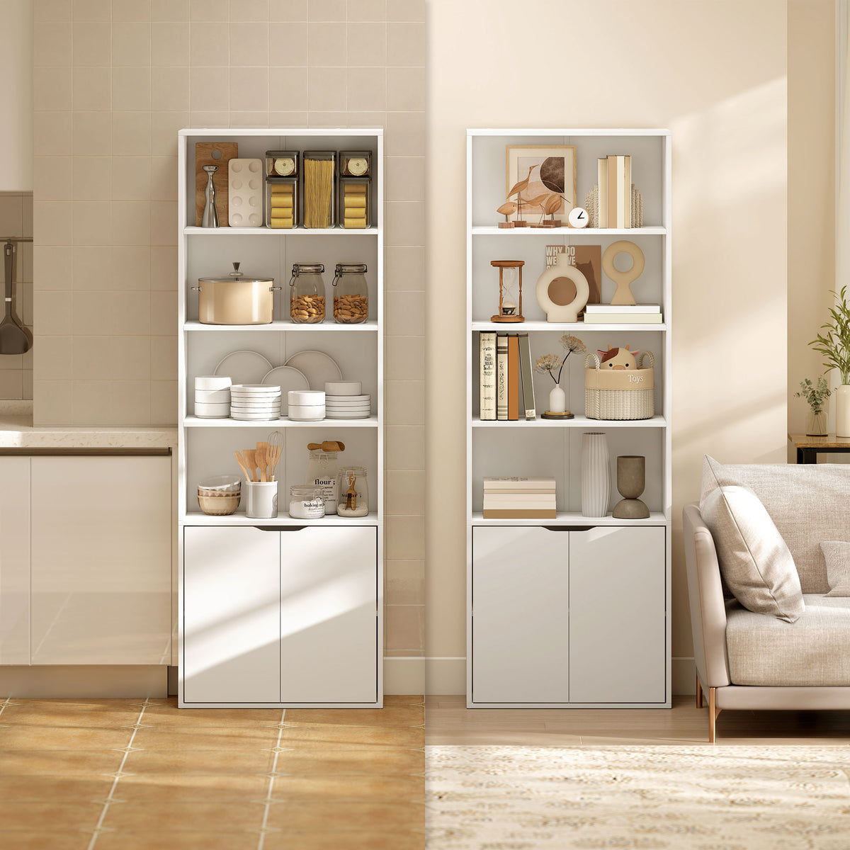 4-Tier Bookshelf with Cabinet - White 71" Modern Bookcase-Home Furnishings > Storage & Organization > Bookshelves & Bookcases > White Bookshelves-DECOROLALA