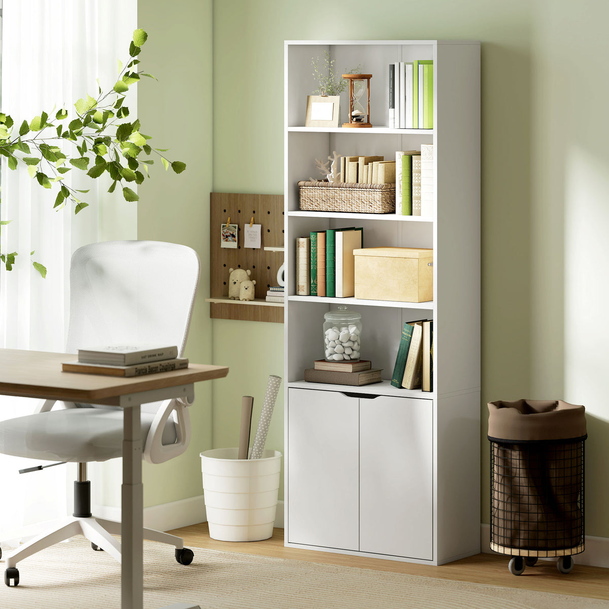 4-Tier Bookshelf with Cabinet - White 71" Modern Bookcase-Home Furnishings > Storage & Organization > Bookshelves & Bookcases > White Bookshelves-DECOROLALA