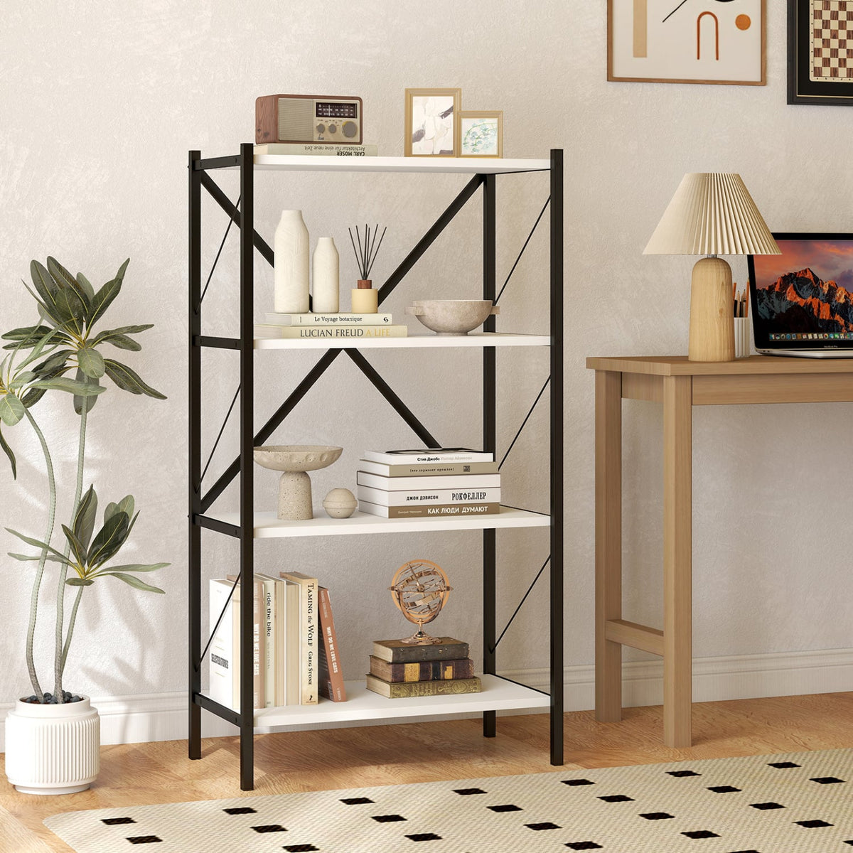 4-Tier Bookshelf with Heavy-Duty Metal Frame-White-Bookcases-DECOROLALA