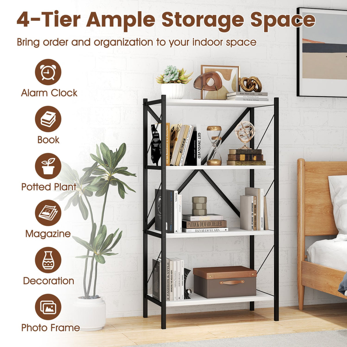 4-Tier Bookshelf with Heavy-Duty Metal Frame-White-Bookcases-DECOROLALA