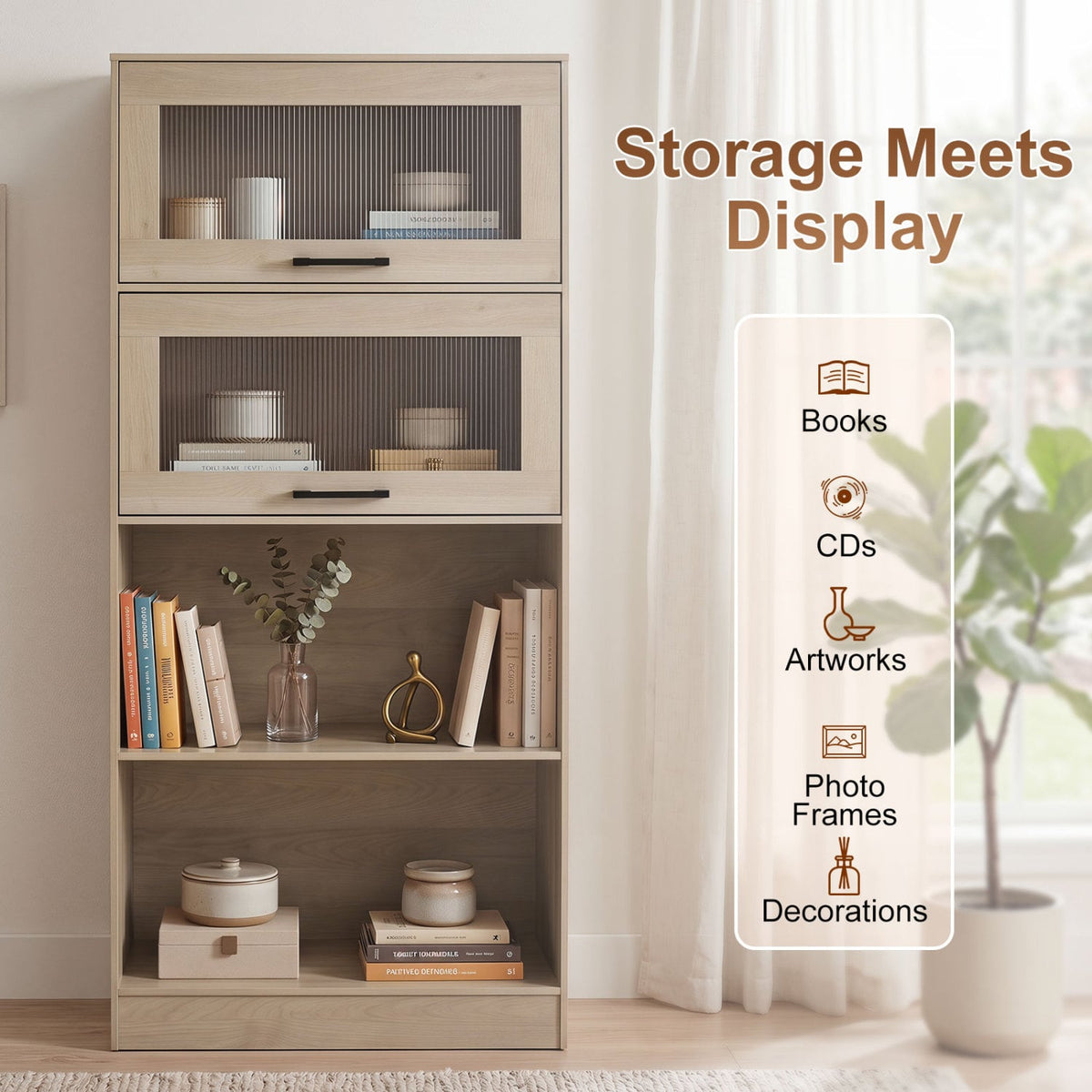 4-Tier Bookshelf with Storage Cabinets and Open Compartments-Natural-Bookcases-DECOROLALA