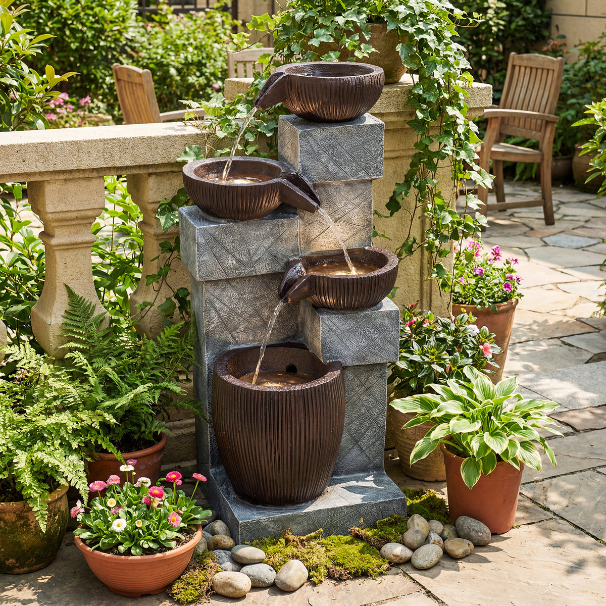 4-Tier Cascading Bowl Outdoor Water Fountain with LED Lights-Outdoor Water Fountains-DECOROLALA
