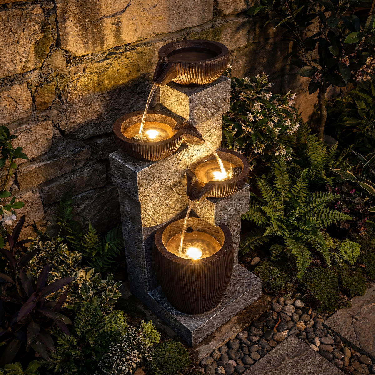4-Tier Cascading Bowl Outdoor Water Fountain with LED Lights-Outdoor Water Fountains-DECOROLALA