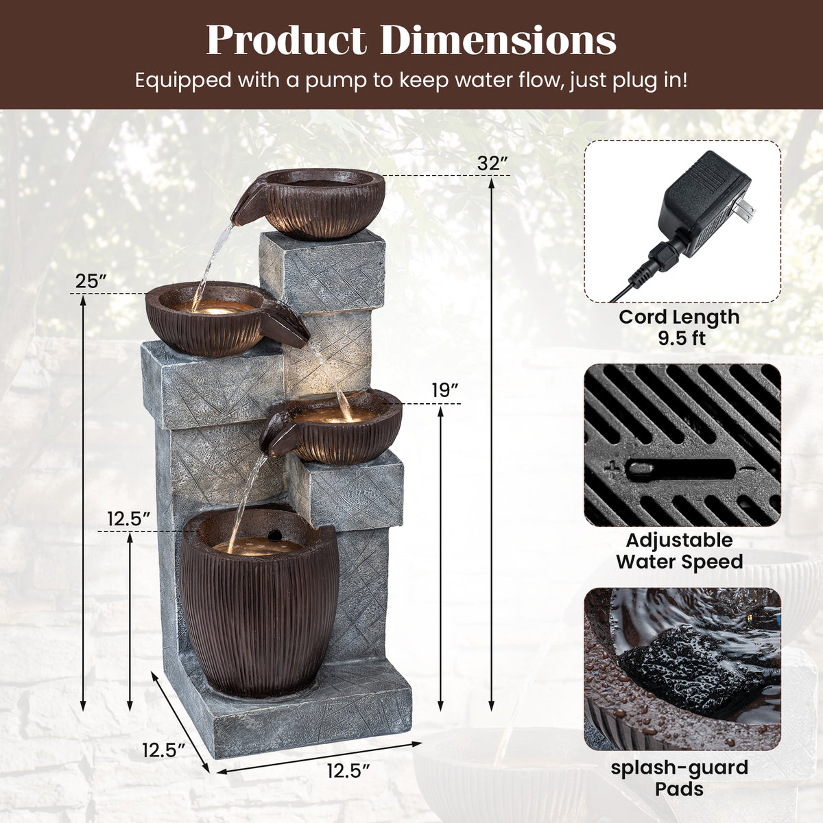 4-Tier Cascading Bowl Outdoor Water Fountain with LED Lights-Outdoor Water Fountains-DECOROLALA