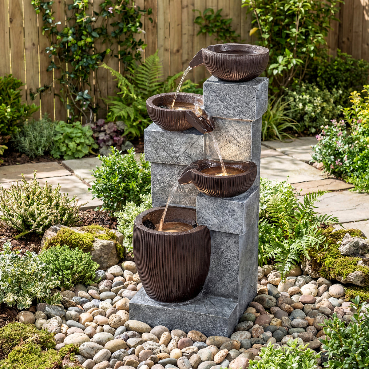 4-Tier Cascading Bowl Outdoor Water Fountain with LED Lights-Outdoor Water Fountains-DECOROLALA
