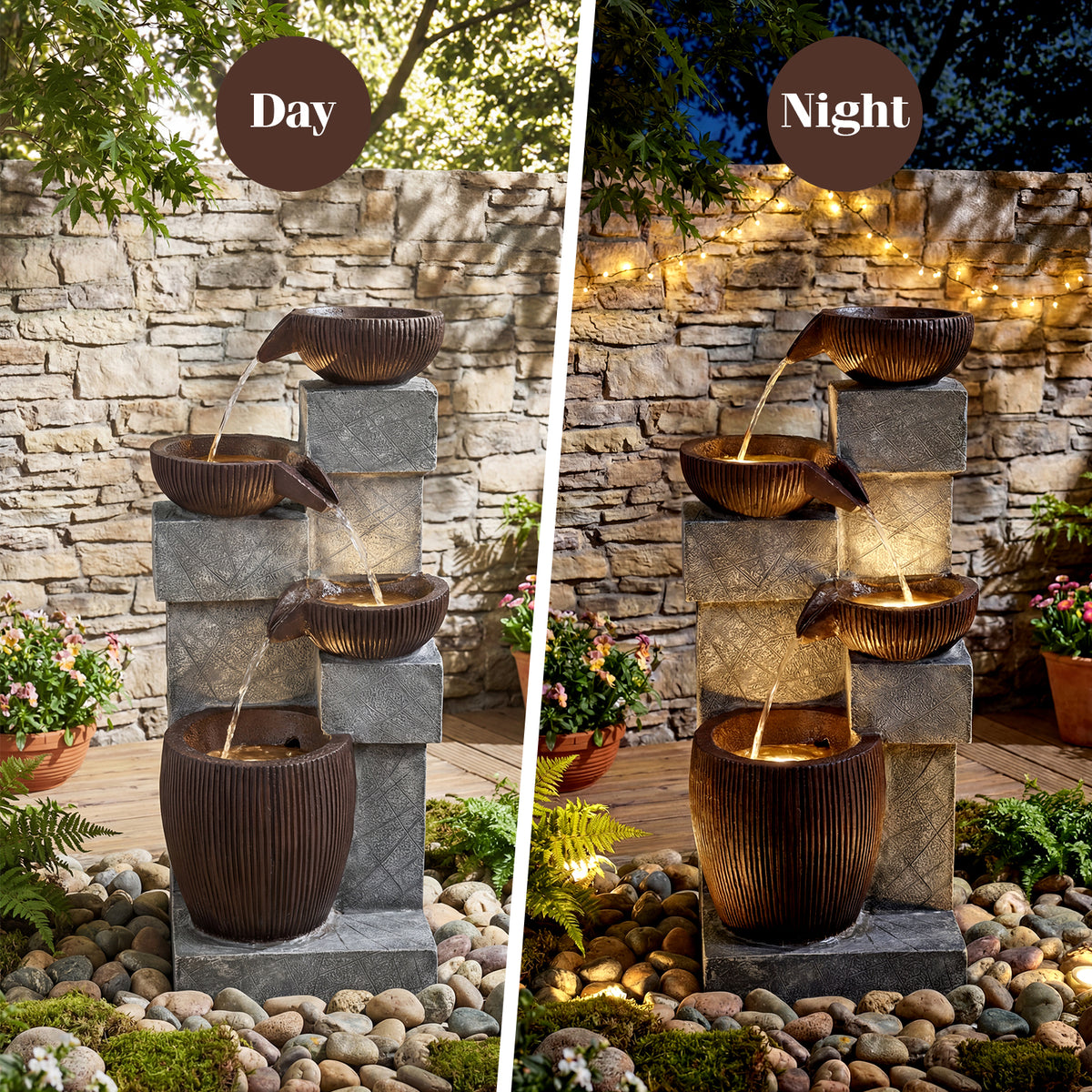 4-Tier Cascading Bowl Outdoor Water Fountain with LED Lights-Outdoor Water Fountains-DECOROLALA