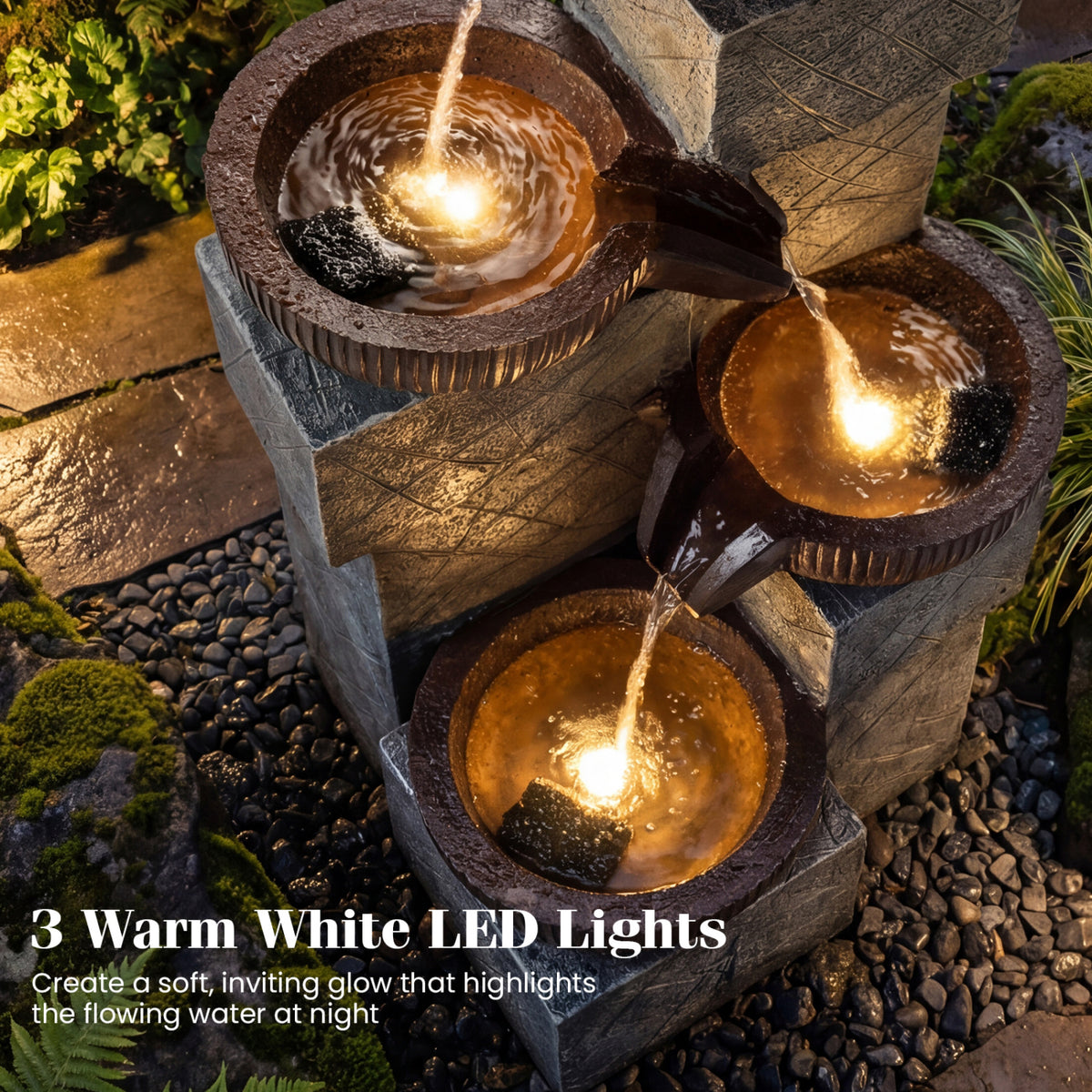4-Tier Cascading Bowl Outdoor Water Fountain with LED Lights-Outdoor Water Fountains-DECOROLALA