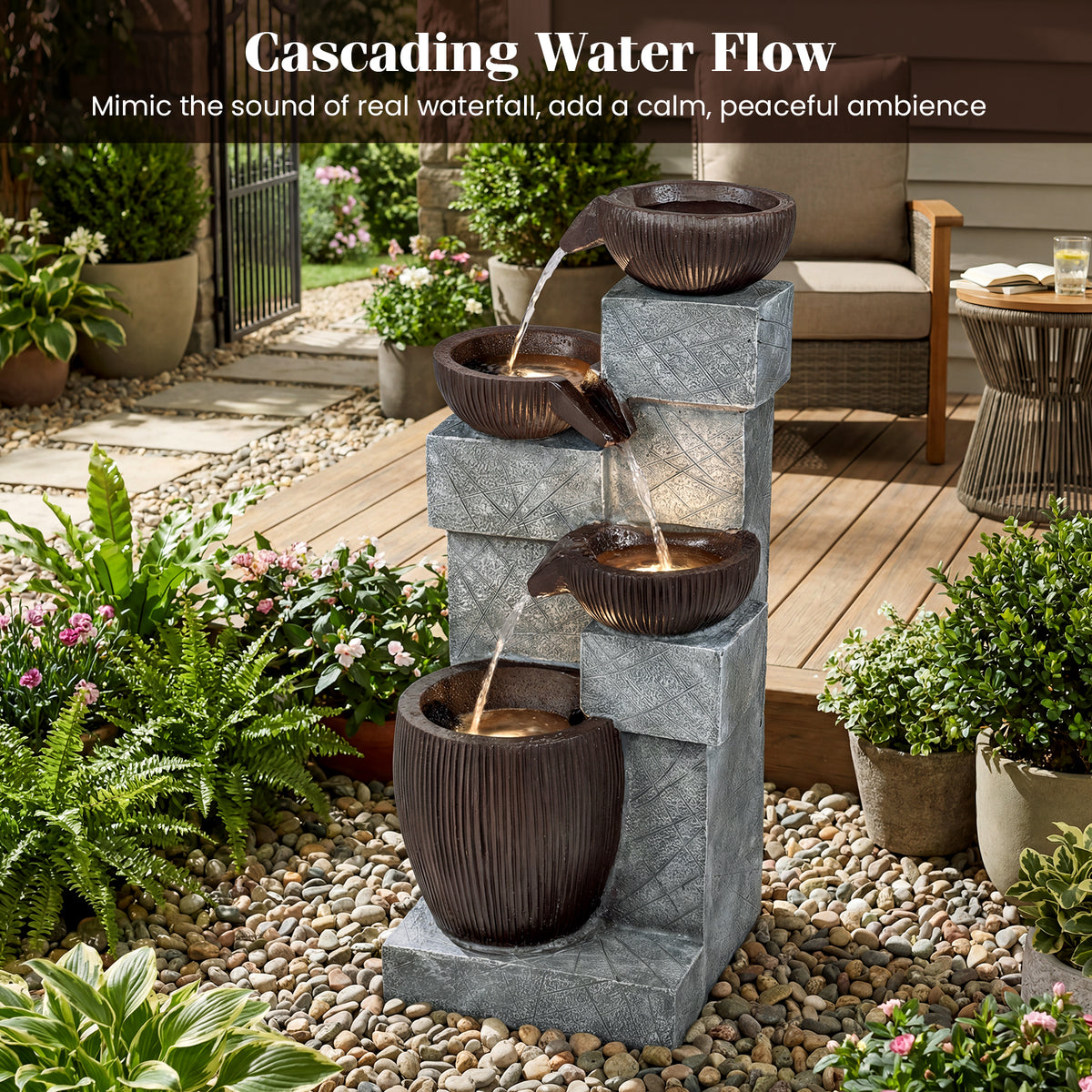 4-Tier Cascading Bowl Outdoor Water Fountain with LED Lights-Outdoor Water Fountains-DECOROLALA