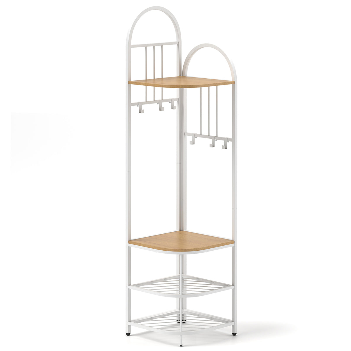 4-Tier Coat Rack Corner Hall Tree with Shoe Storage Bench-Natural-Coat Racks & Hall Trees-DECOROLALA