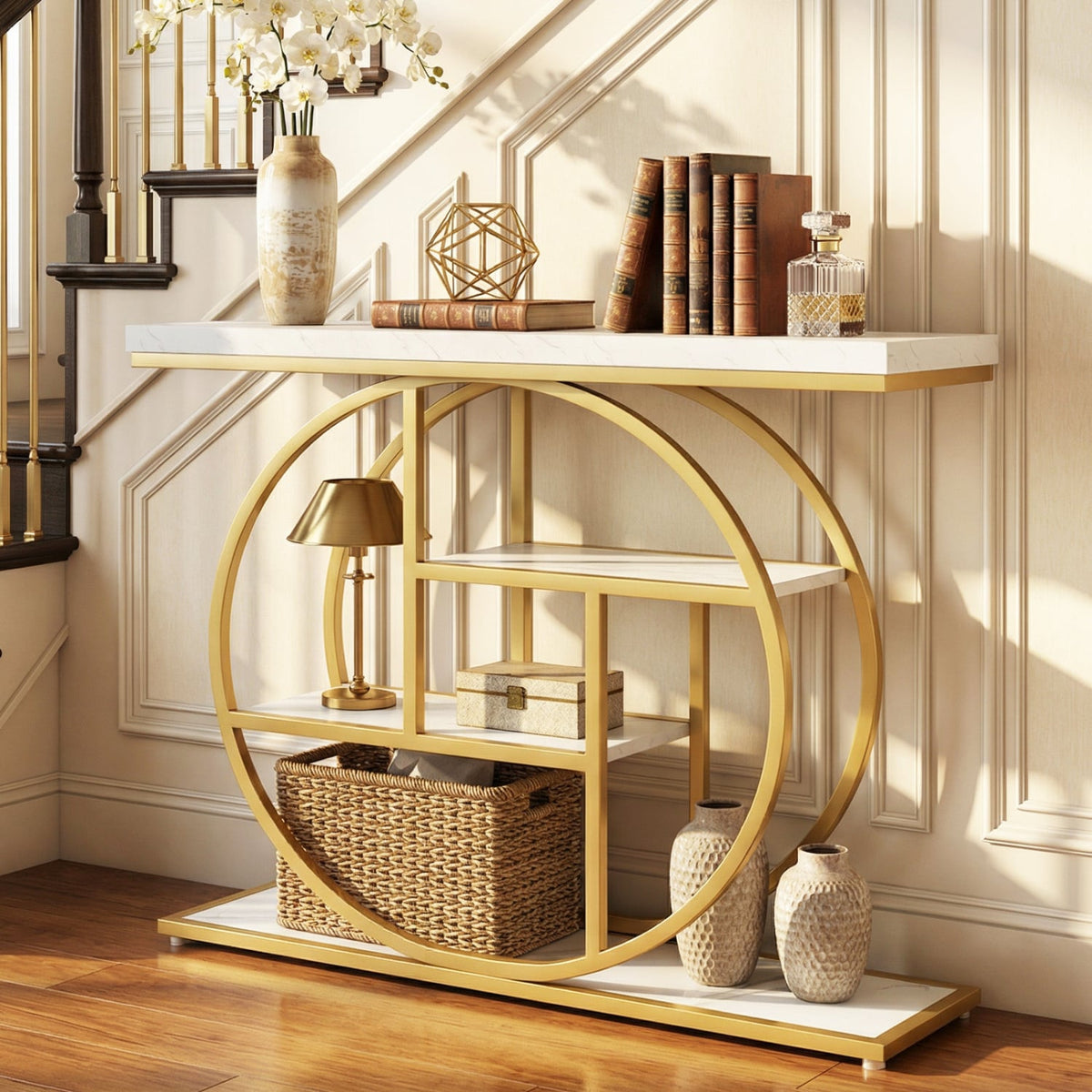 4-Tier Console Table 41 Inches Entryway Table with Storage Shelves-White-Console Tables-DECOROLALA