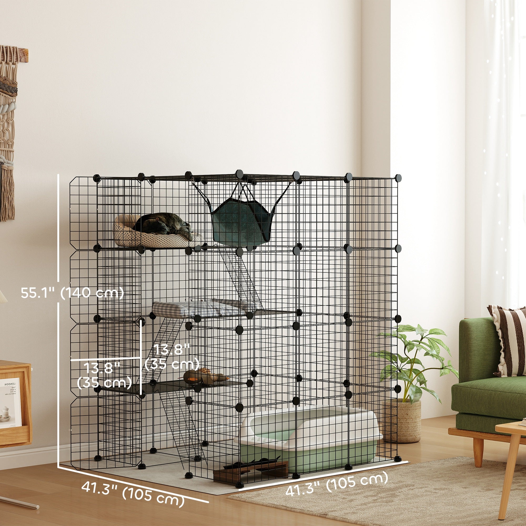 4 Tier DIY Cat Cage Indoor, Catio for 1-3 Cats with Hammock, 5 Doors, 3 Ramps, 3 Jumping Platforms, for 1-3 Cats, Black-Cats-DECOROLALA