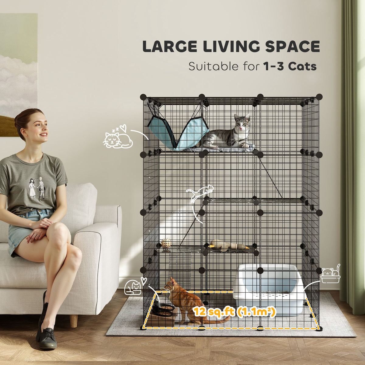 4-Tier DIY Indoor Cat Cage - Black 12 sq.ft Catio with Hammock-Cats-DECOROLALA