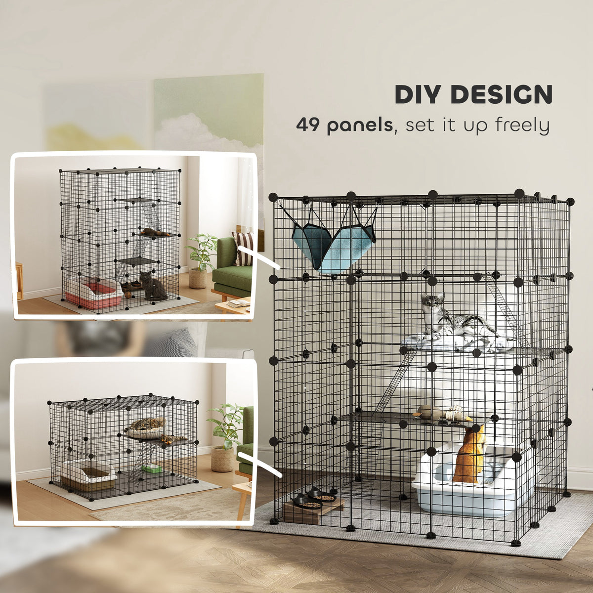 4-Tier DIY Indoor Cat Cage - Black 12 sq.ft Catio with Hammock-Cats-DECOROLALA