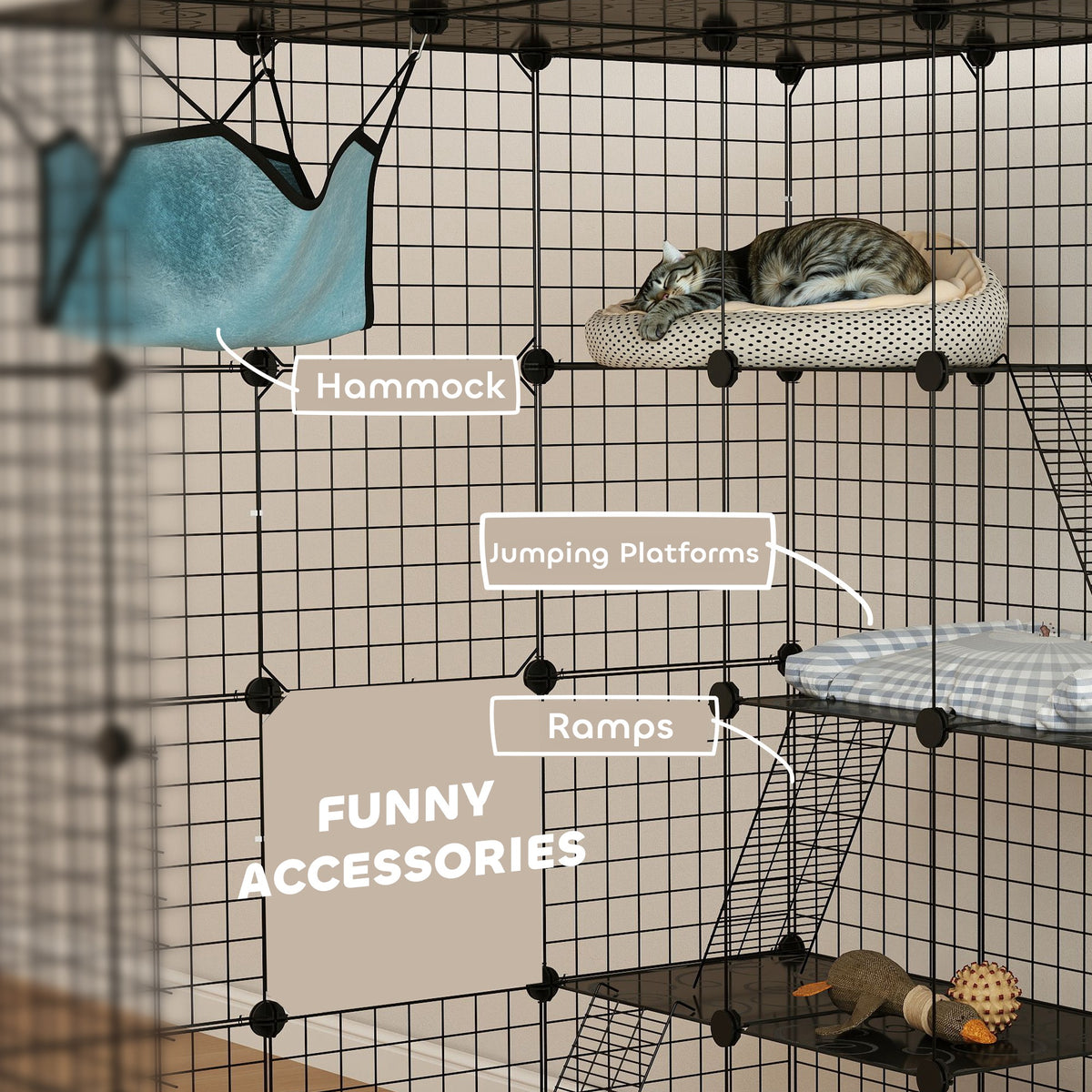 4-Tier DIY Indoor Cat Cage - Black 12 sq.ft Catio with Hammock-Cats-DECOROLALA