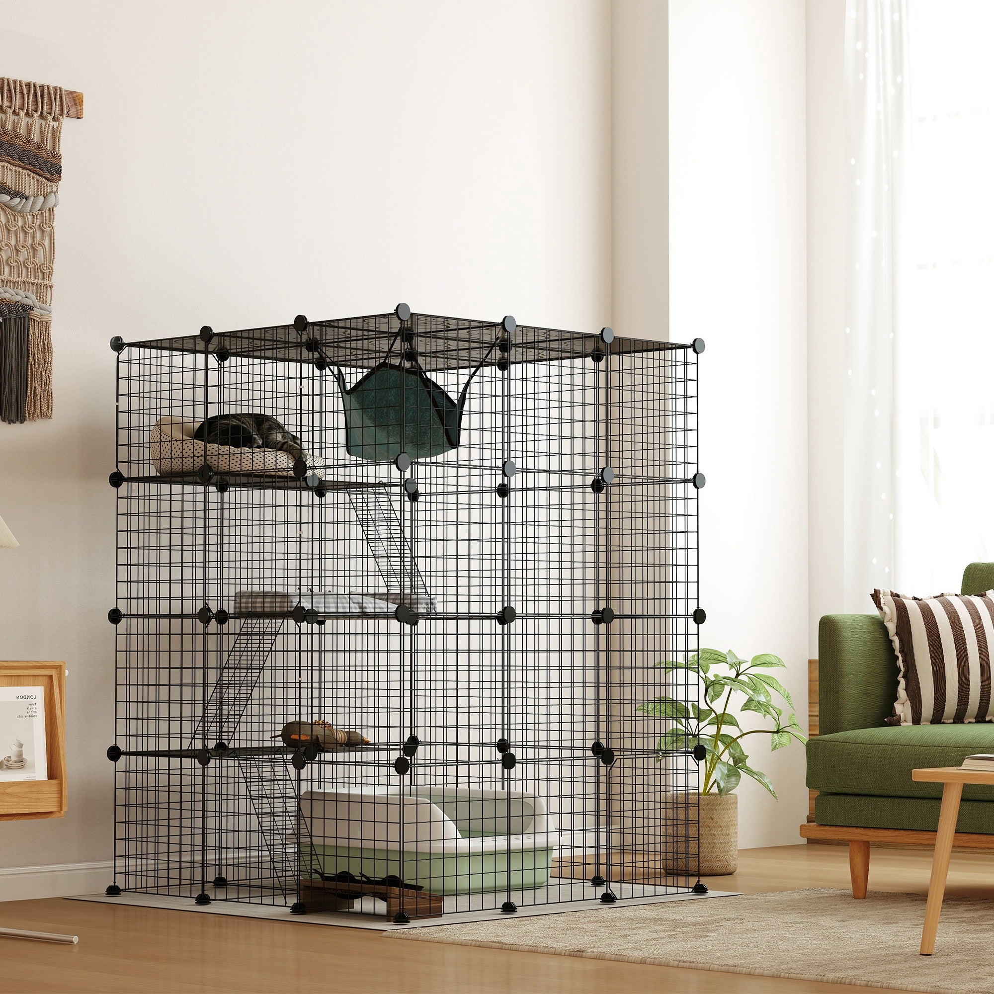 4-Tier DIY Indoor Cat Cage - Black 12 sq.ft Catio with Hammock-Cats-DECOROLALA