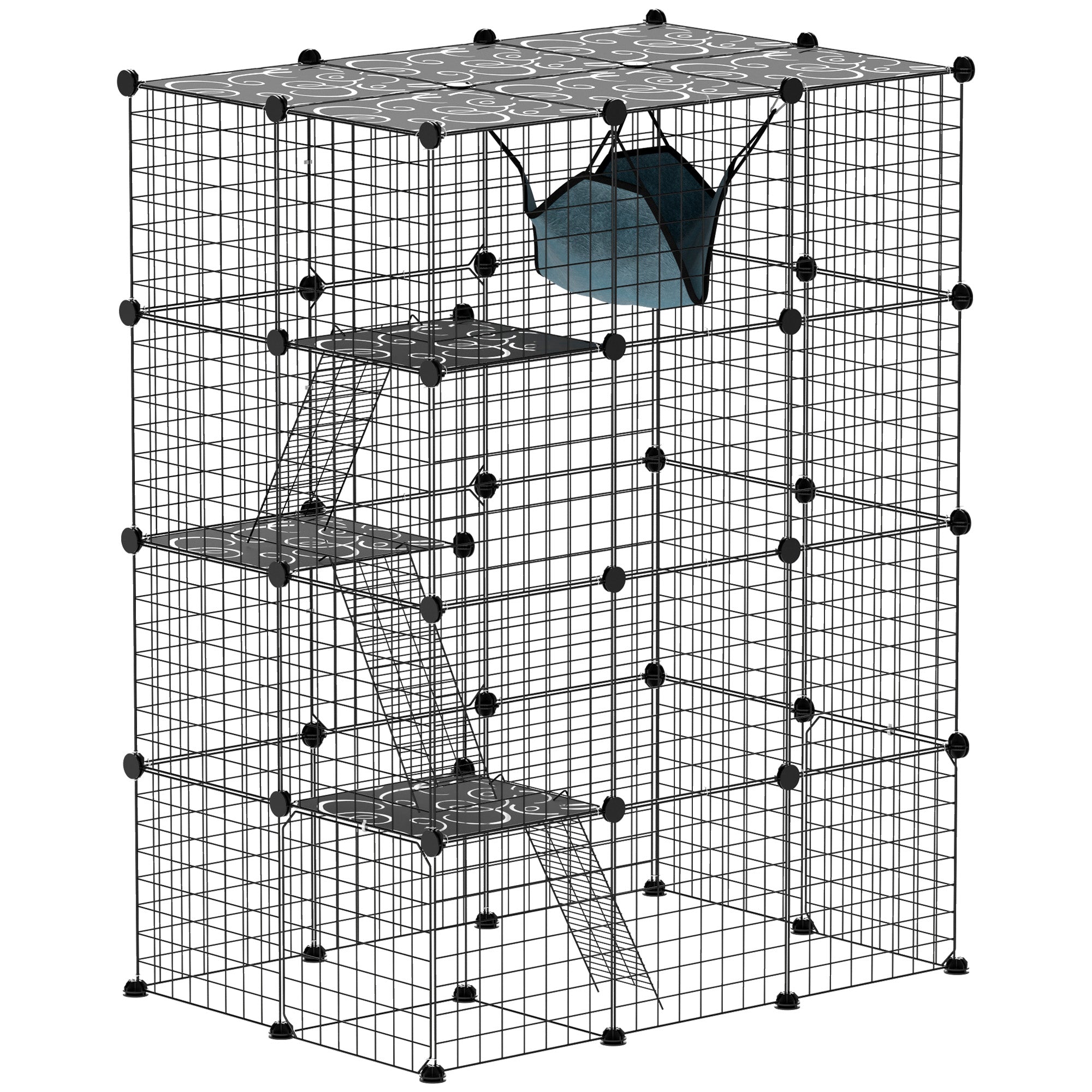 4-Tier DIY Large Indoor Cat Cage with Hammock - Black-Cats-DECOROLALA