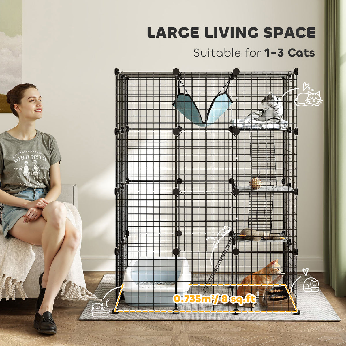 4-Tier DIY Large Indoor Cat Cage with Hammock - Black-Cats-DECOROLALA