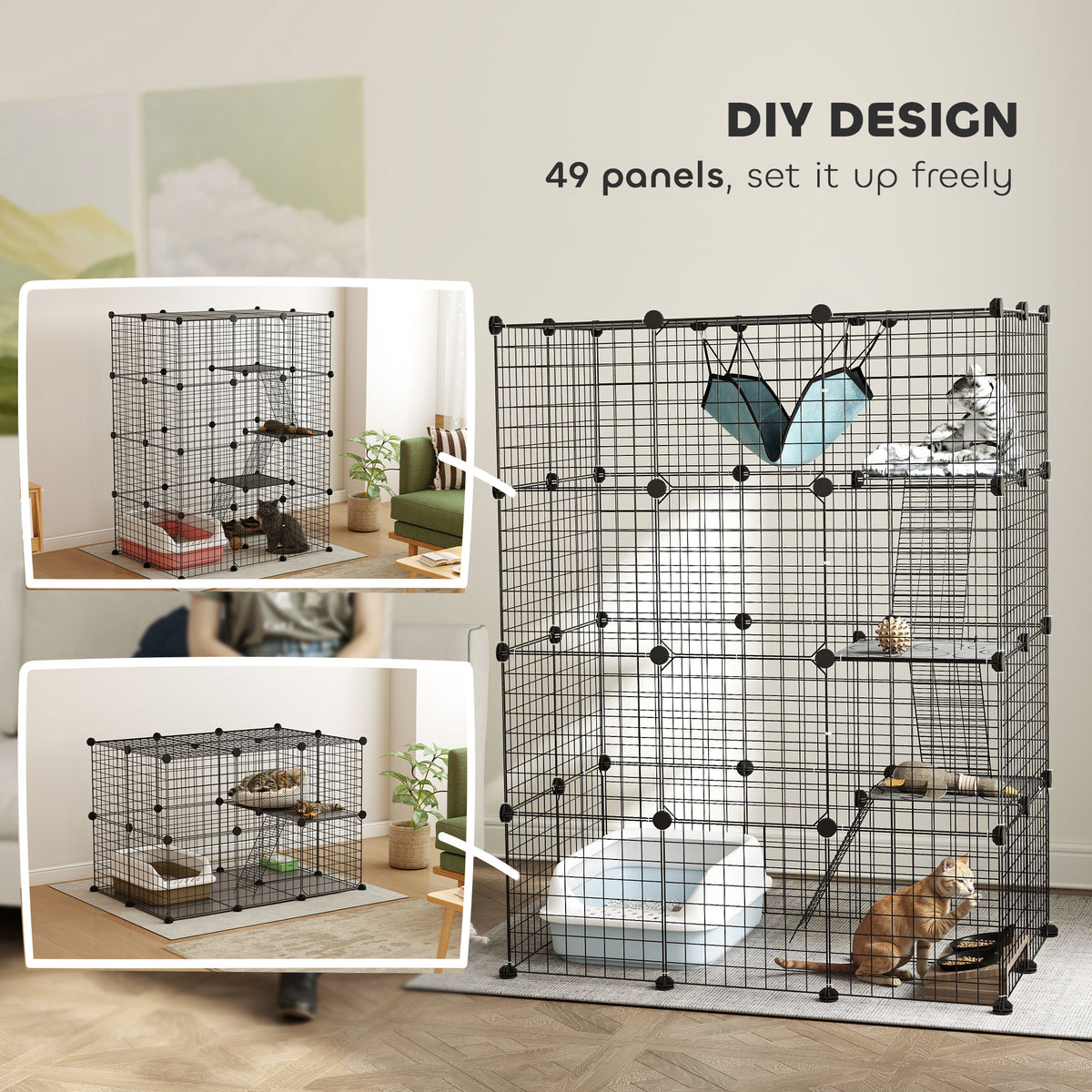 4-Tier DIY Large Indoor Cat Cage with Hammock - Black-Cats-DECOROLALA