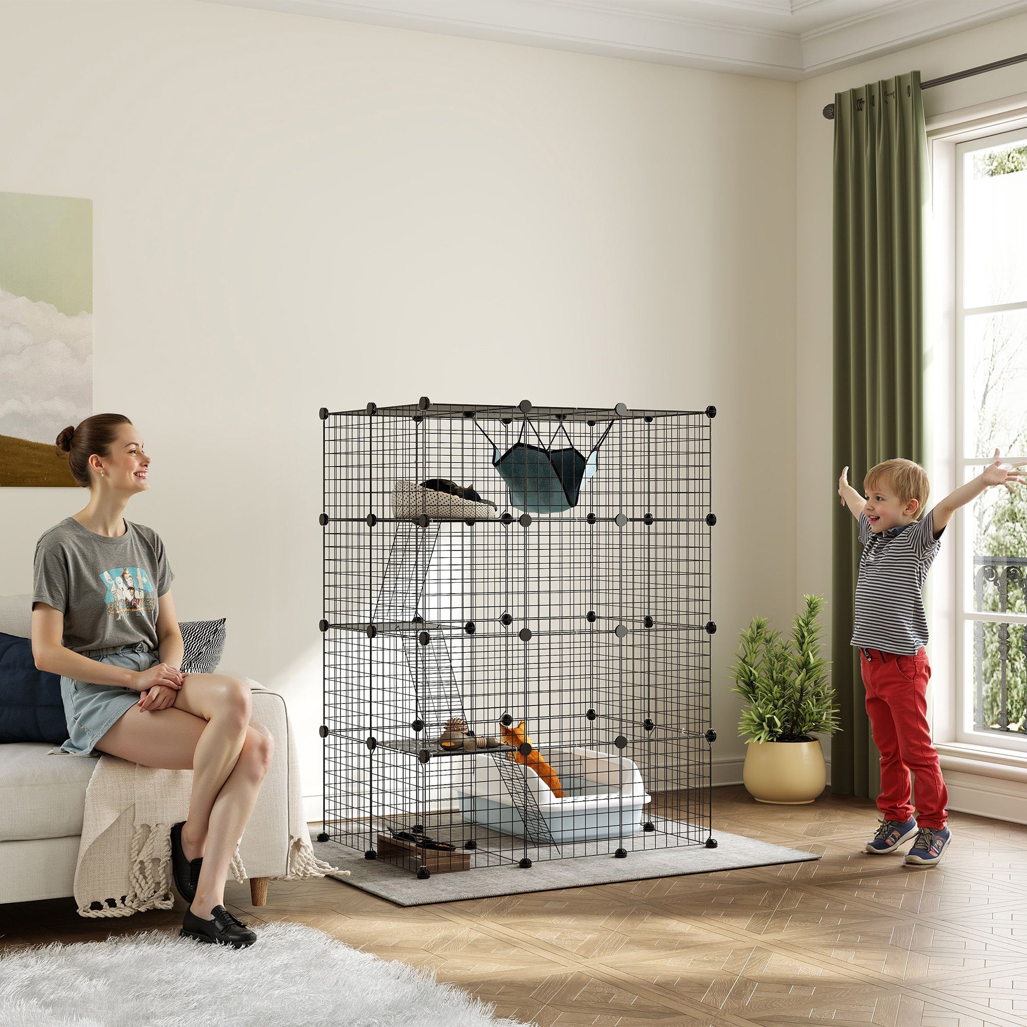 4-Tier DIY Large Indoor Cat Cage with Hammock - Black-Cats-DECOROLALA