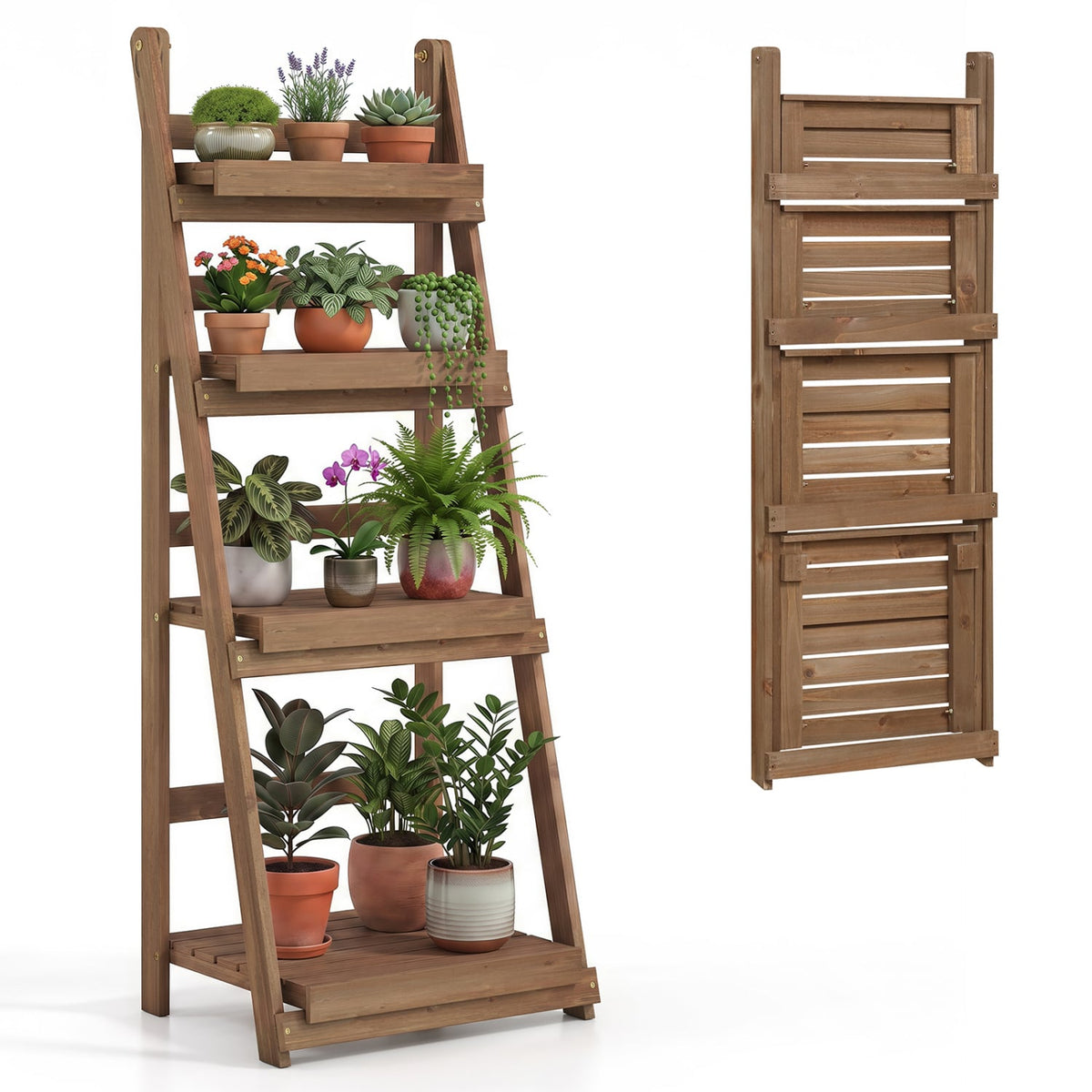 4-Tier Foldable Plant Stand with Slatted Shelves for Garden-Brown-Plant Stands-DECOROLALA