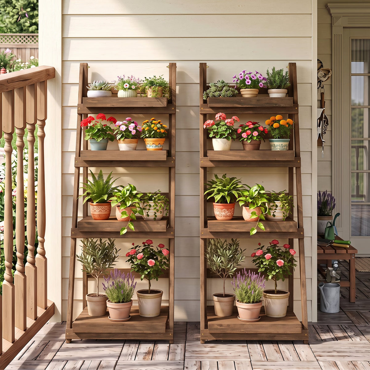 4-Tier Foldable Plant Stand with Slatted Shelves for Garden-Brown-Plant Stands-DECOROLALA