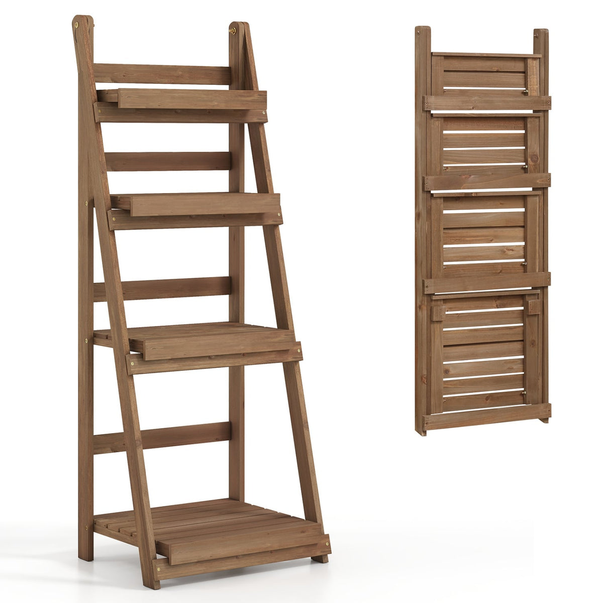 4-Tier Foldable Plant Stand with Slatted Shelves for Garden-Brown-Plant Stands-DECOROLALA