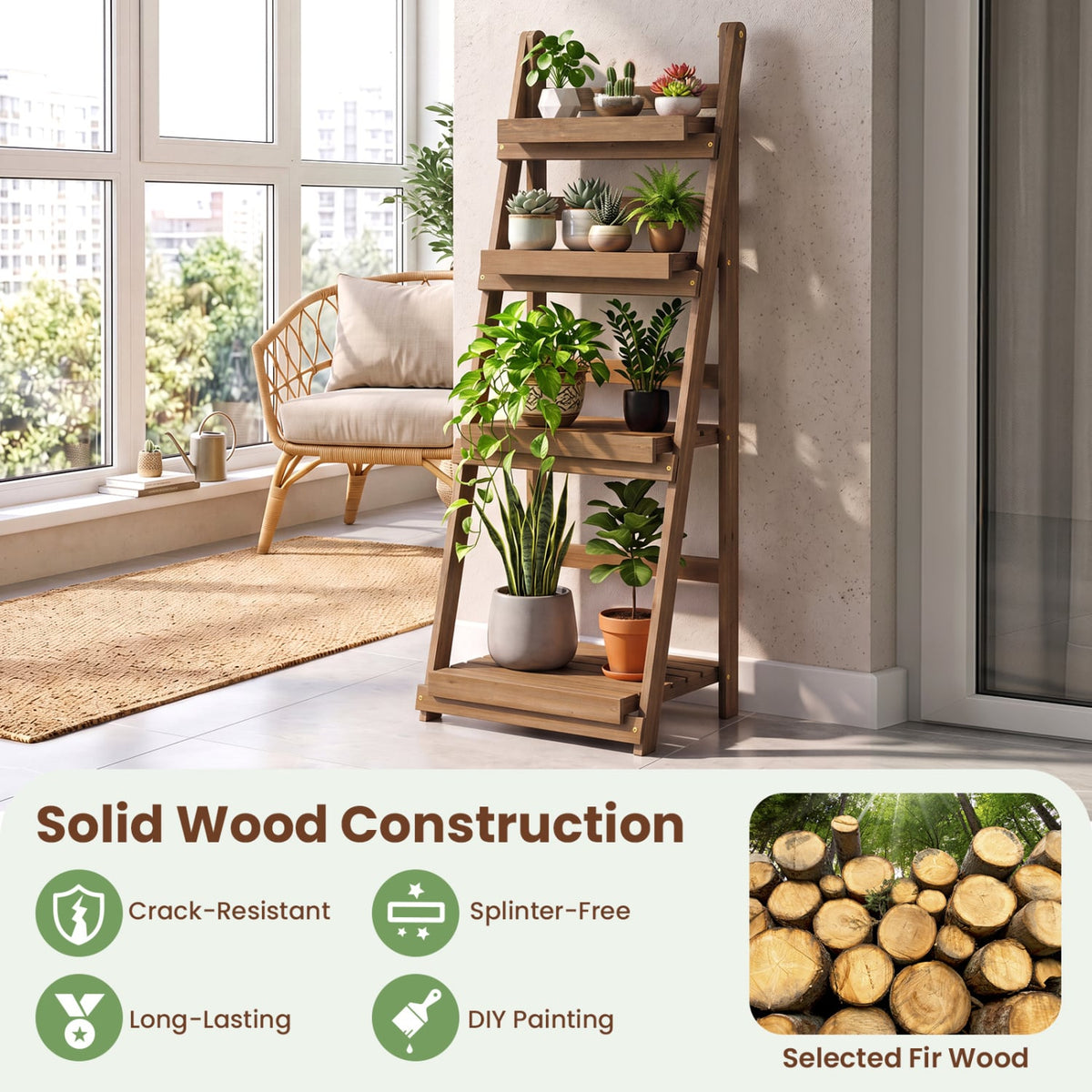 4-Tier Foldable Plant Stand with Slatted Shelves for Garden-Brown-Plant Stands-DECOROLALA