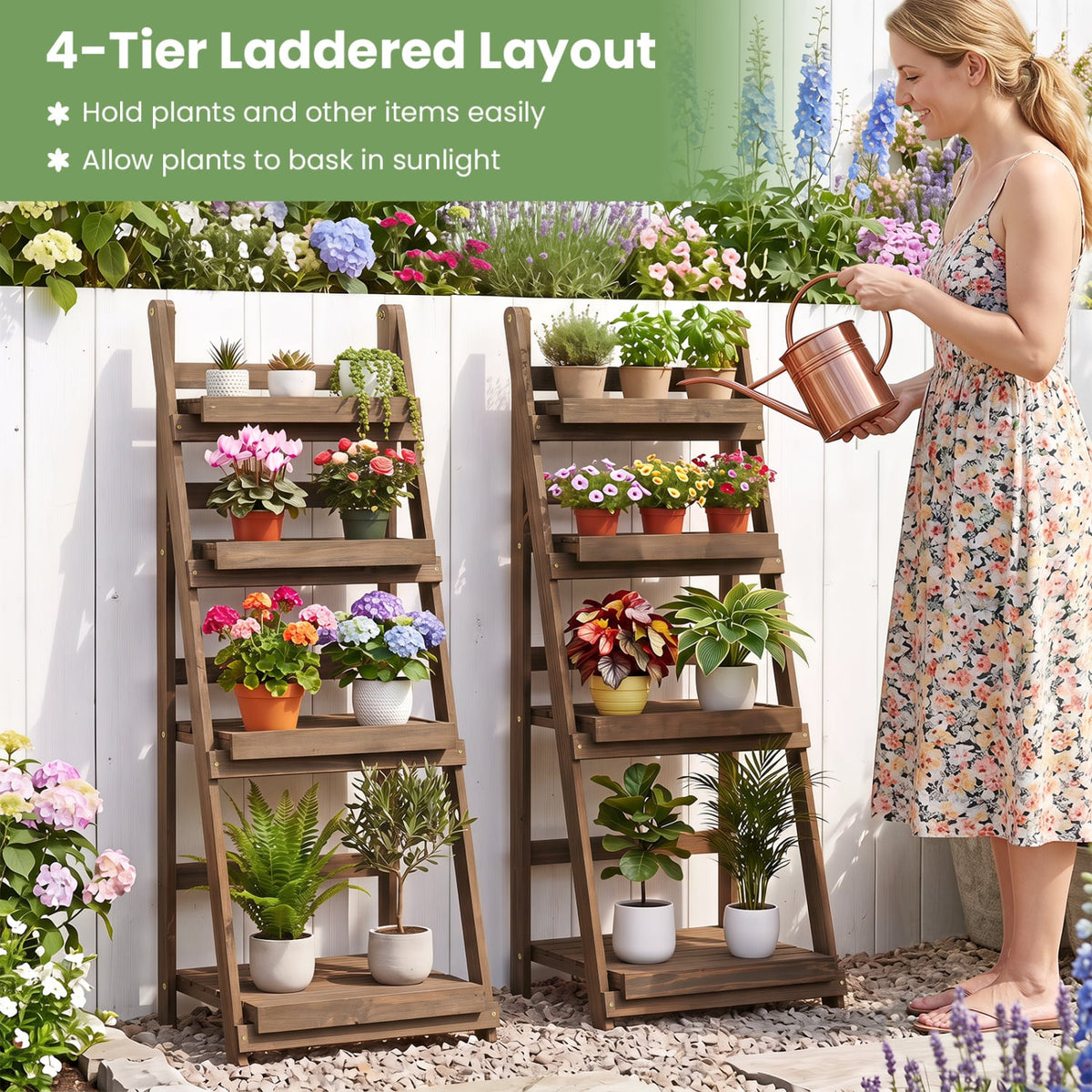4-Tier Foldable Plant Stand with Slatted Shelves for Garden-Brown-Plant Stands-DECOROLALA