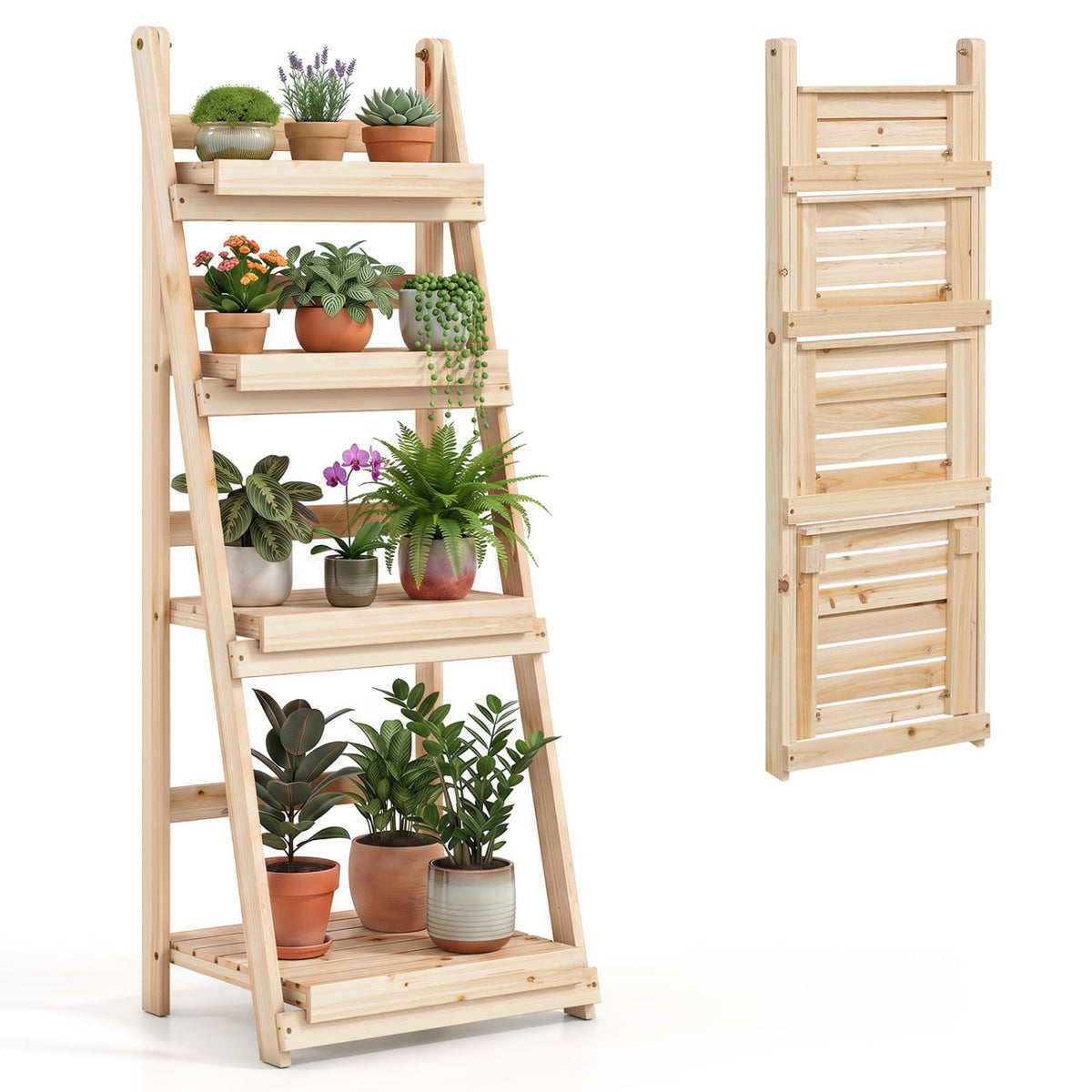 4-Tier Foldable Plant Stand with Slatted Shelves for Garden-Natural-Plant Stands-DECOROLALA