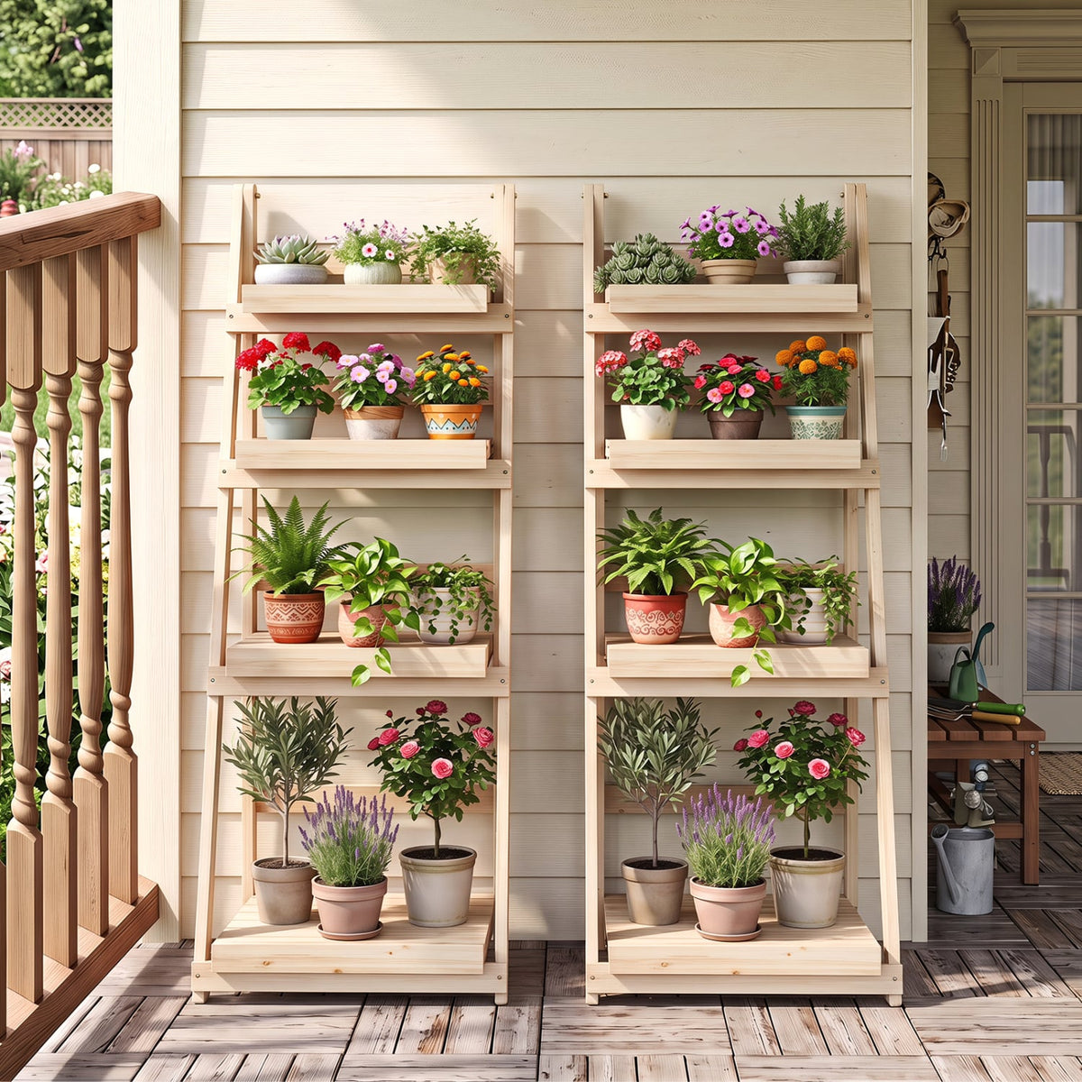 4-Tier Foldable Plant Stand with Slatted Shelves for Garden-Natural-Plant Stands-DECOROLALA