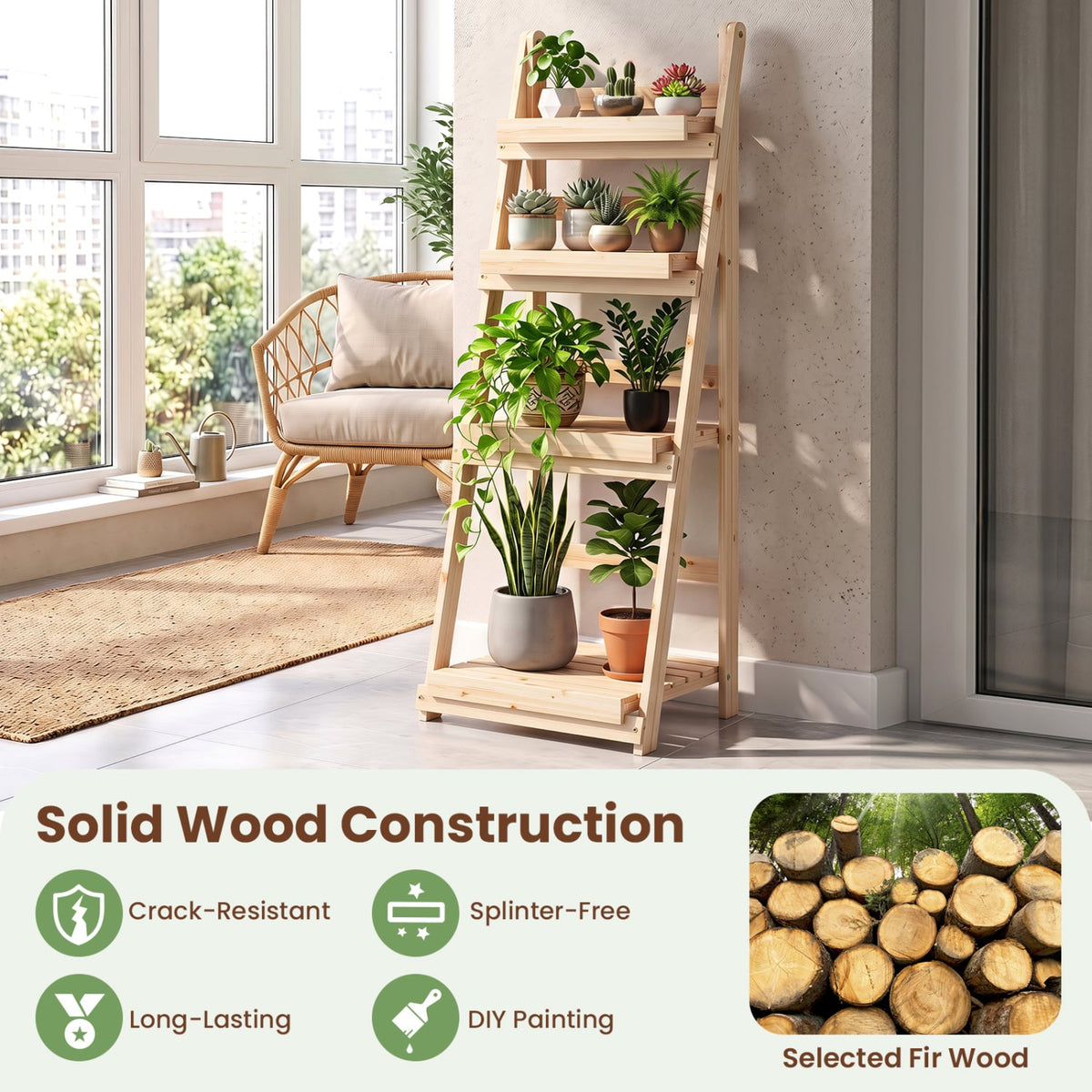 4-Tier Foldable Plant Stand with Slatted Shelves for Garden-Natural-Plant Stands-DECOROLALA