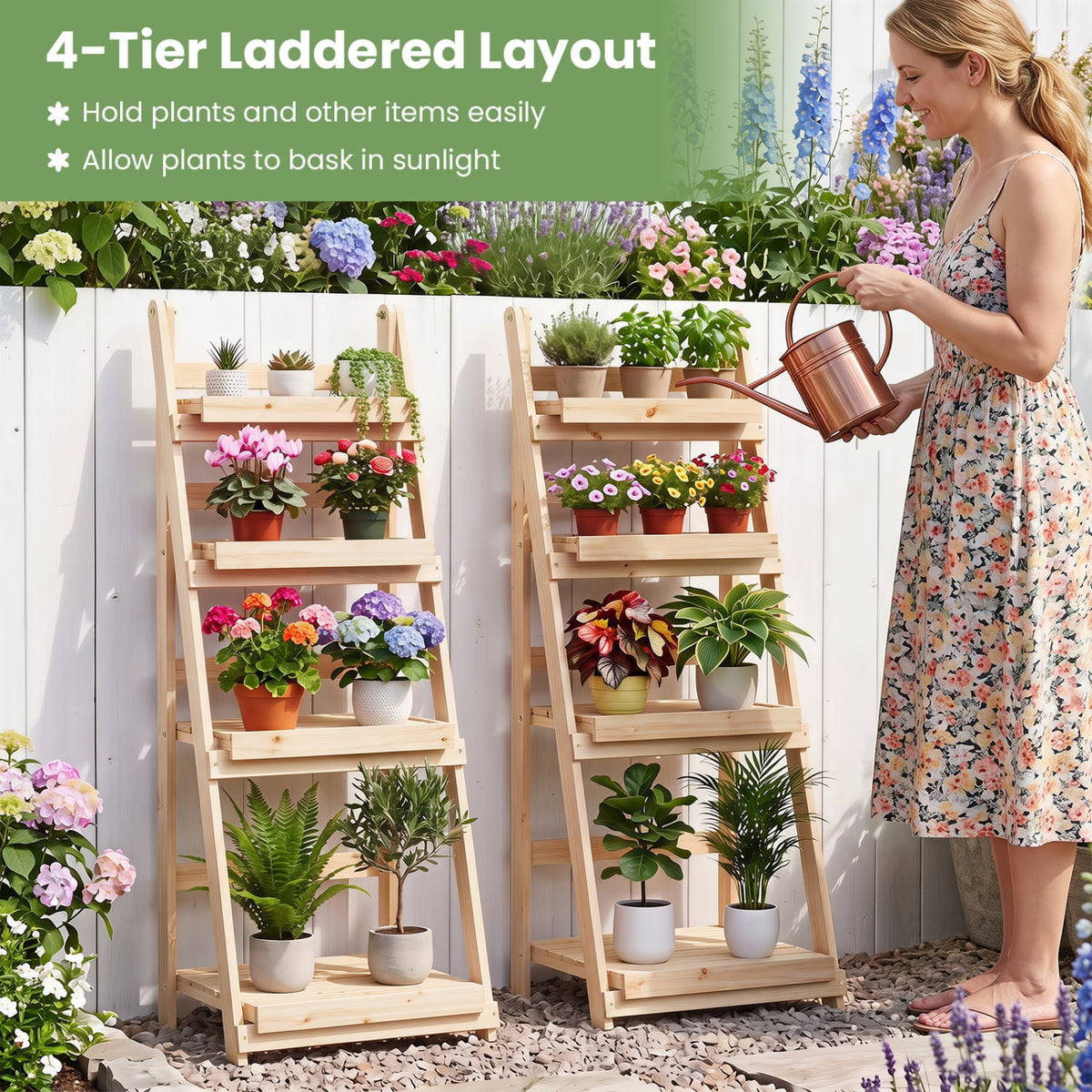 4-Tier Foldable Plant Stand with Slatted Shelves for Garden-Natural-Plant Stands-DECOROLALA