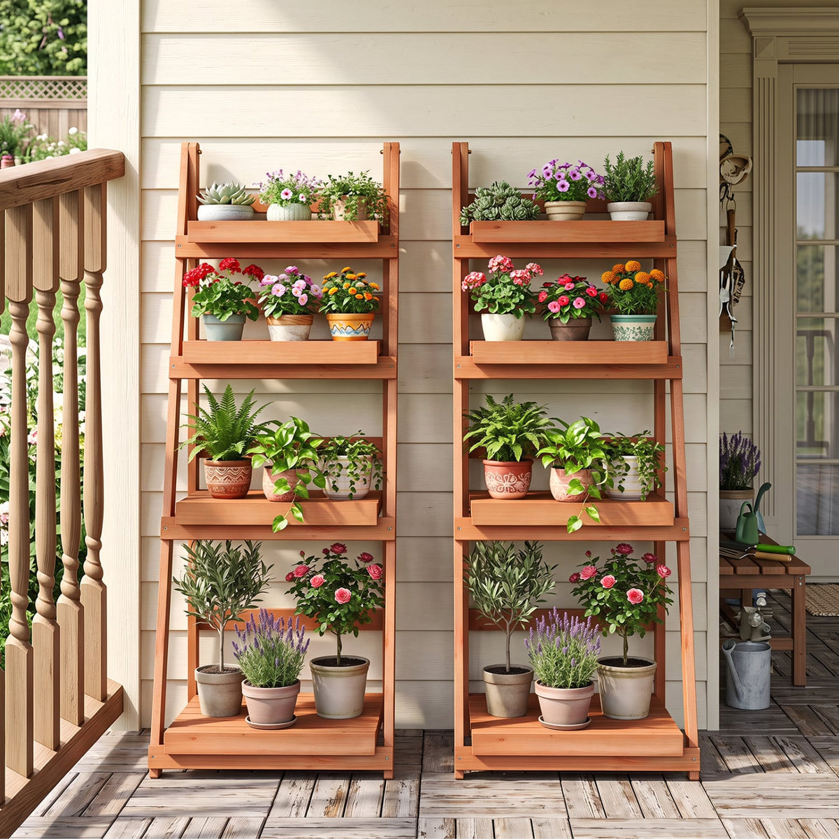 4-Tier Foldable Plant Stand with Slatted Shelves for Garden-Orange-Plant Stands-DECOROLALA