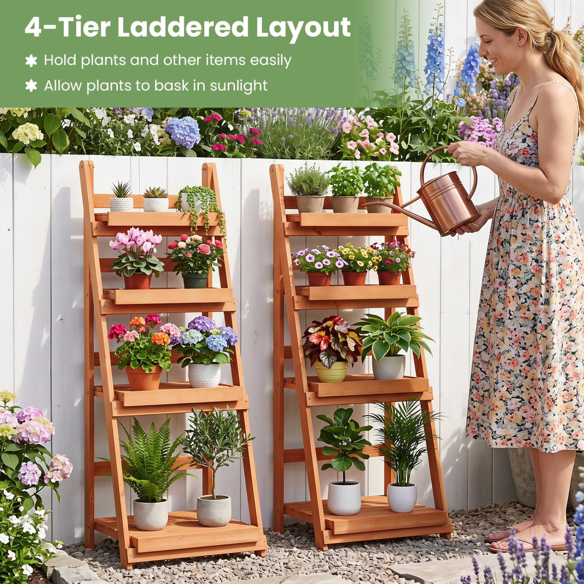 4-Tier Foldable Plant Stand with Slatted Shelves for Garden-Orange-Plant Stands-DECOROLALA