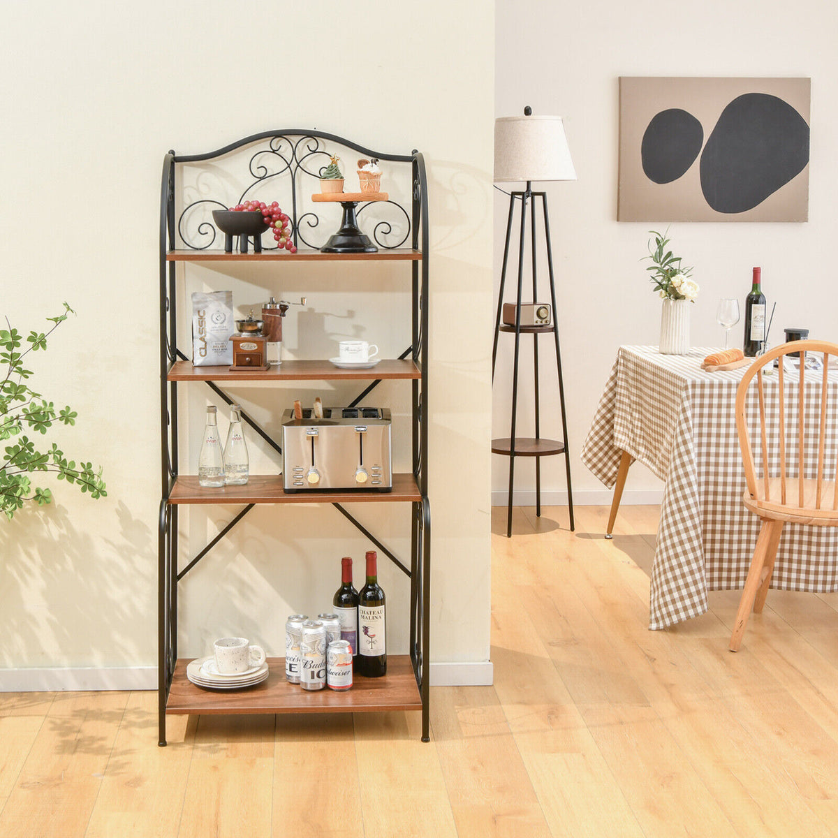 4-Tier Industrial Kitchen Baker's Rack with Open Shelves and X-Bar-Light Brown-Baker’s Racks-DECOROLALA