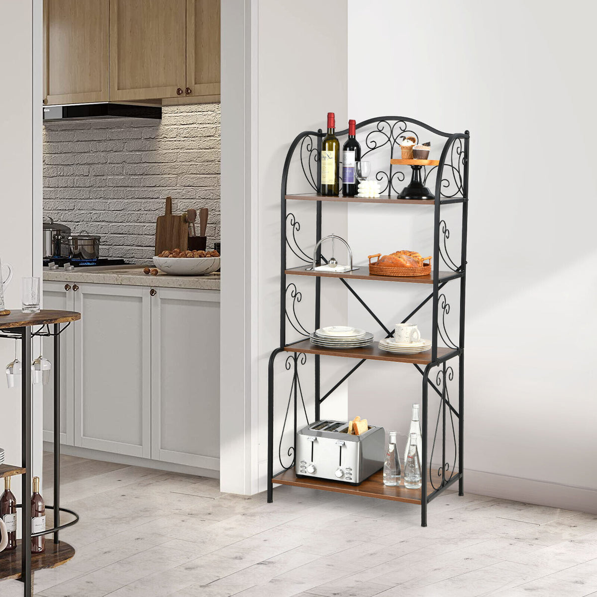 4-Tier Industrial Kitchen Baker's Rack with Open Shelves and X-Bar-Light Brown-Baker’s Racks-DECOROLALA