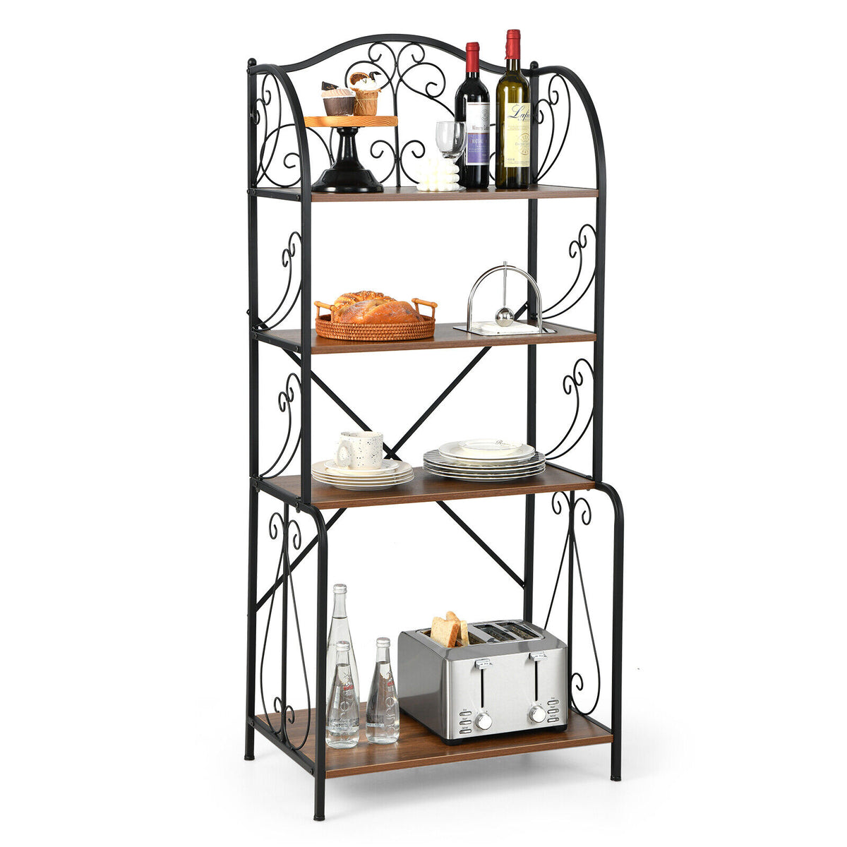 4-Tier Industrial Kitchen Baker's Rack with Open Shelves and X-Bar-Light Brown-Baker’s Racks-DECOROLALA