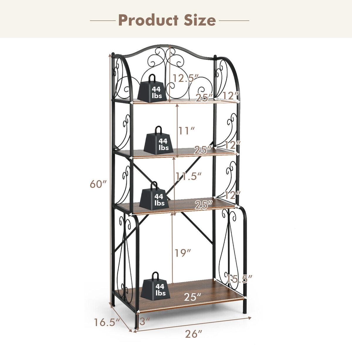 4-Tier Industrial Kitchen Baker's Rack with Open Shelves and X-Bar-Light Brown-Baker’s Racks-DECOROLALA