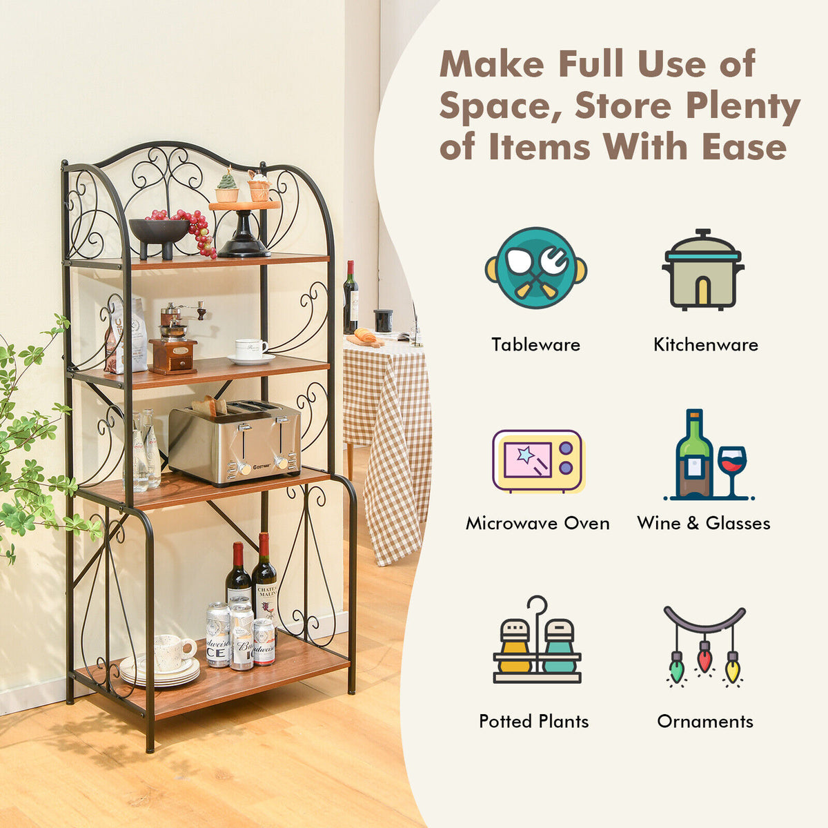 4-Tier Industrial Kitchen Baker's Rack with Open Shelves and X-Bar-Light Brown-Baker’s Racks-DECOROLALA