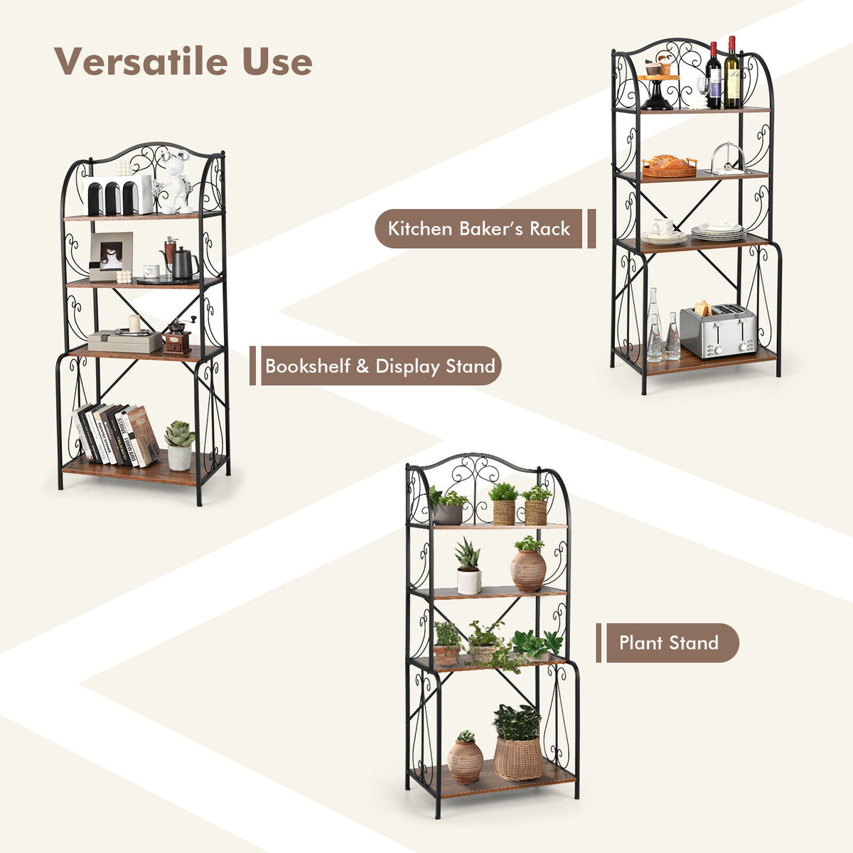 4-Tier Industrial Kitchen Baker's Rack with Open Shelves and X-Bar-Light Brown-Baker’s Racks-DECOROLALA
