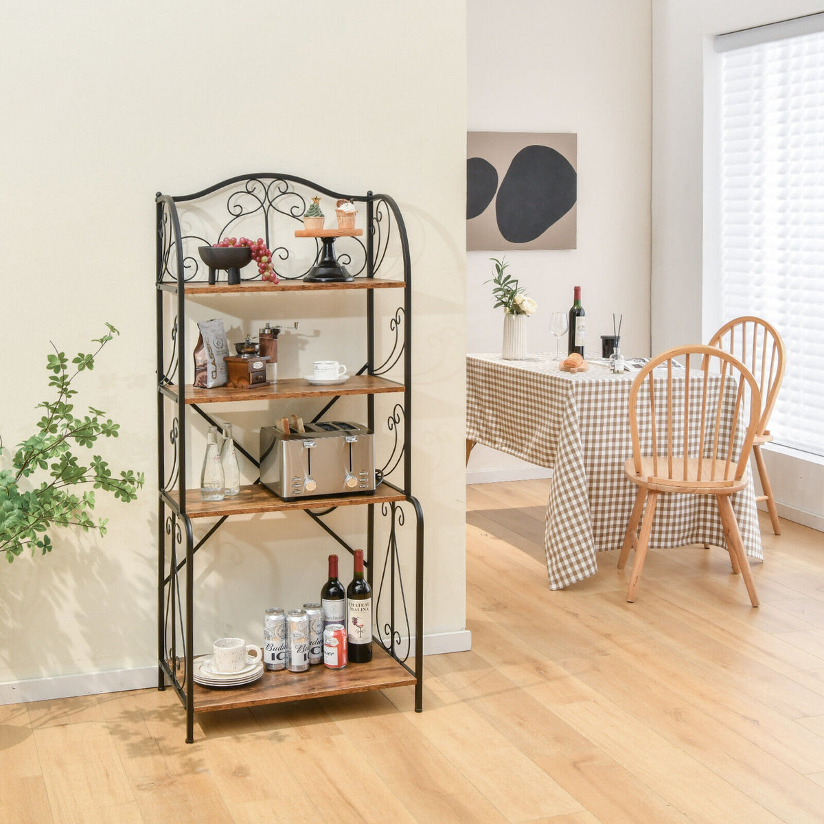 4-Tier Industrial Kitchen Baker's Rack with Open Shelves and X-Bar-Rustic Brown-Baker’s Racks-DECOROLALA