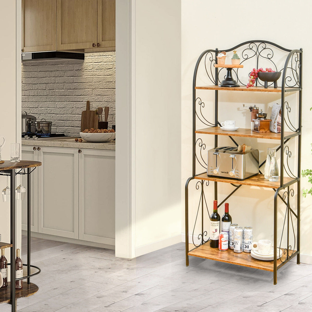 4-Tier Industrial Kitchen Baker's Rack with Open Shelves and X-Bar-Rustic Brown-Baker’s Racks-DECOROLALA