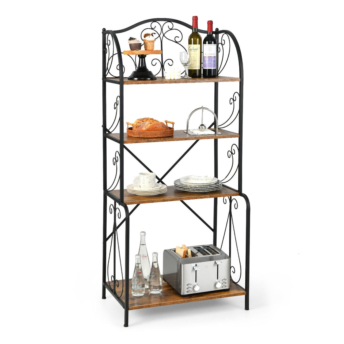 4-Tier Industrial Kitchen Baker's Rack with Open Shelves and X-Bar-Rustic Brown-Baker’s Racks-DECOROLALA