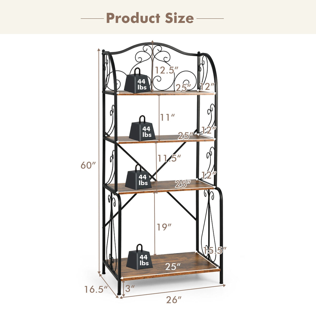 4-Tier Industrial Kitchen Baker's Rack with Open Shelves and X-Bar-Rustic Brown-Baker’s Racks-DECOROLALA