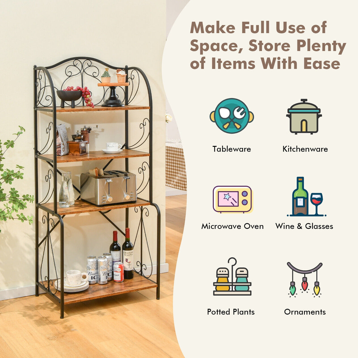 4-Tier Industrial Kitchen Baker's Rack with Open Shelves and X-Bar-Rustic Brown-Baker’s Racks-DECOROLALA