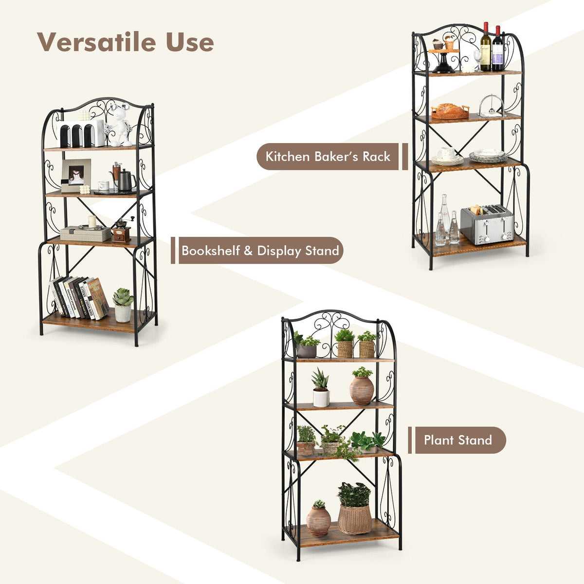 4-Tier Industrial Kitchen Baker's Rack with Open Shelves and X-Bar-Rustic Brown-Baker’s Racks-DECOROLALA