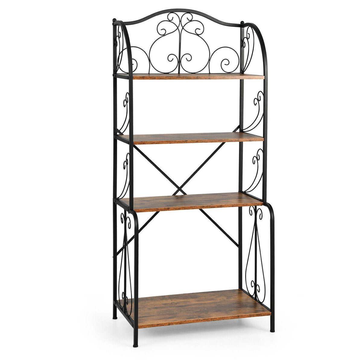 4-Tier Industrial Kitchen Baker's Rack with Open Shelves and X-Bar-Rustic Brown-Baker’s Racks-DECOROLALA